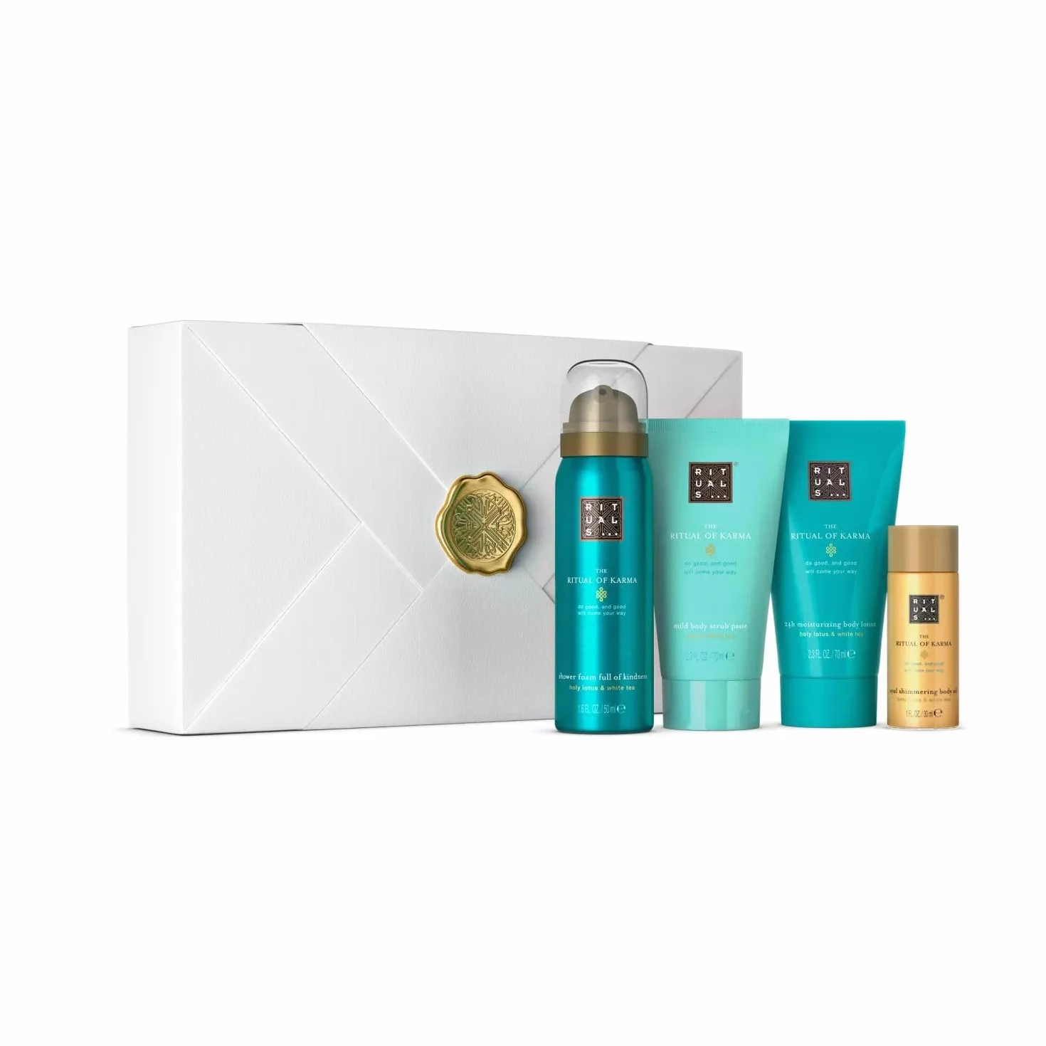 RITUALS Zestaw upominkowy Soothing Treat z serii The Ritual of Karma, zawiera: piankę pod prysznic, krem do ciała, peeling do ciała, olejek do ciała, 1112243