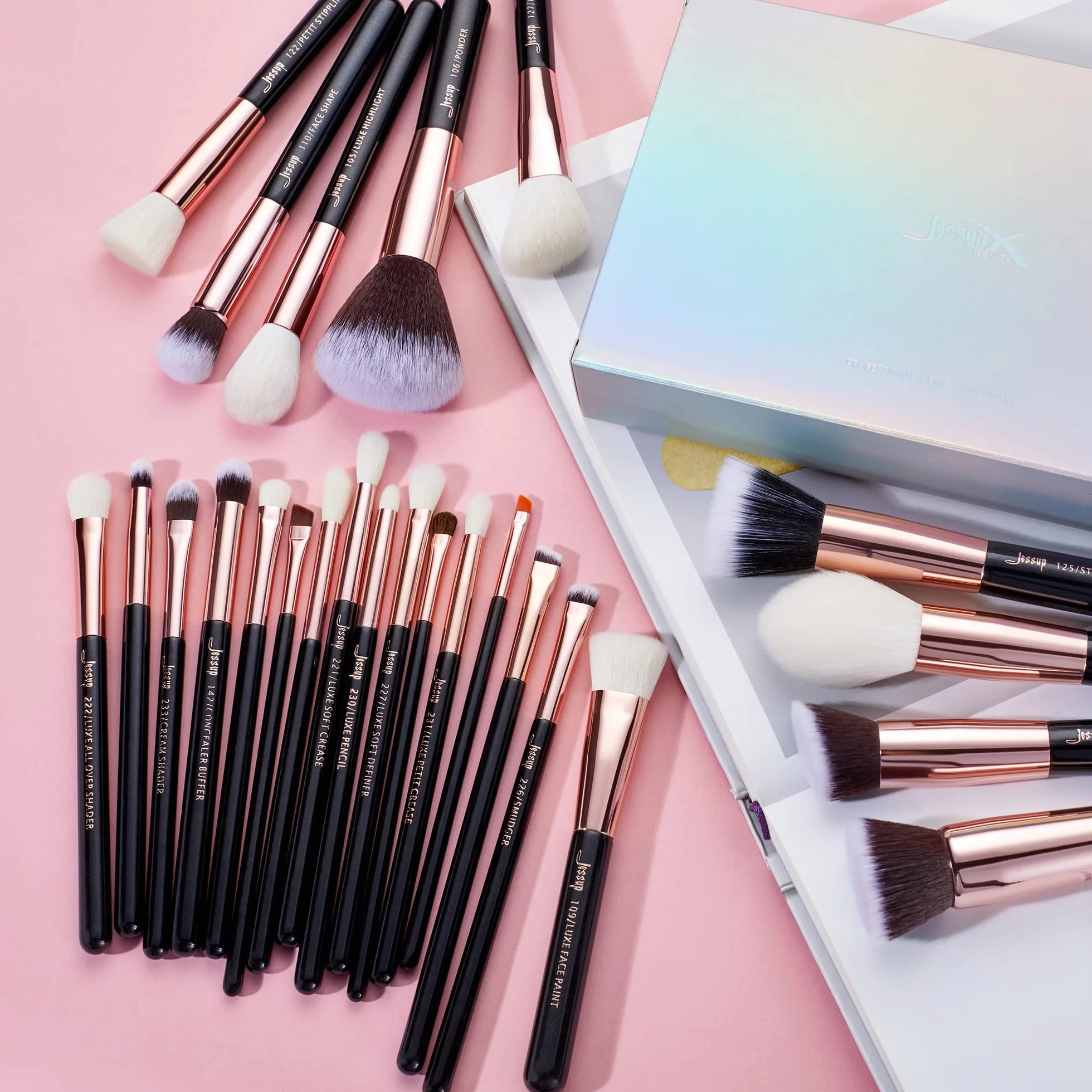 Jessup pędzle do makijażu 25 sztuk Zestaw Profesjonalny zestaw Beauty Cosmetic Foundation Powder Rumieniec Pomadka Naturalne syntetyczne szczotki do włosów czarny/różowe złoto T155