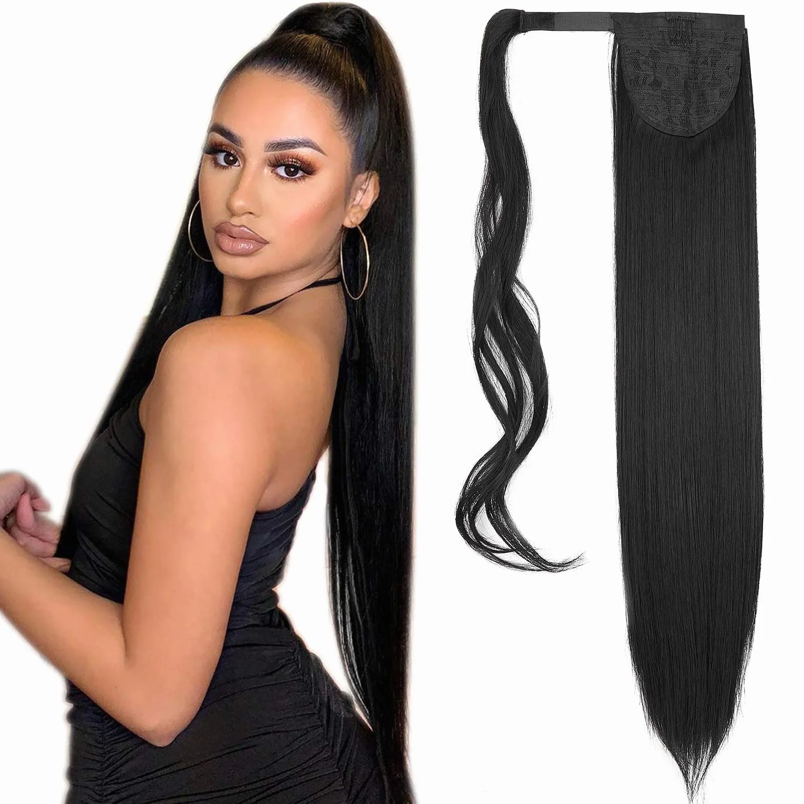 Przedłużenie włosów z klipsami koński ogon 60 cm 125 g proste gładkie czarne