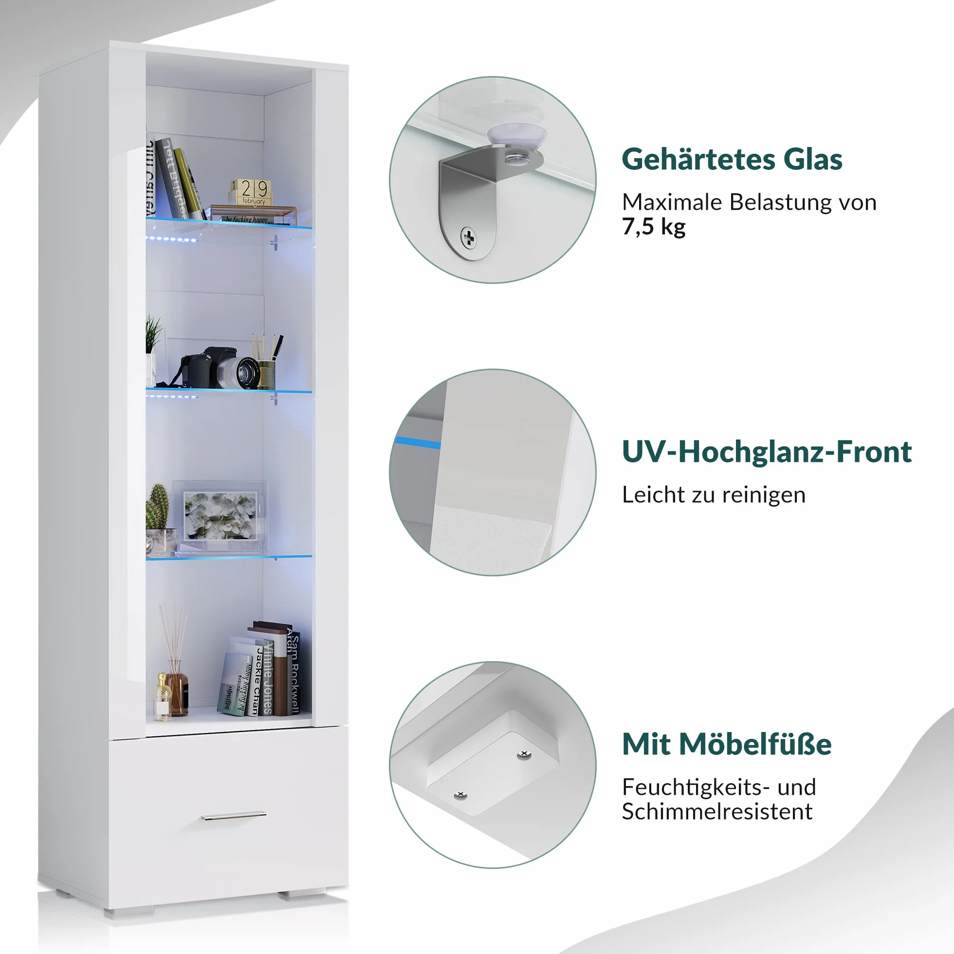 SONNI Witryna z oświetleniem LED, szklana witryna z szufladami, biała, front na wysoki połysk, witryna kolekcjonerska, szafa z witryną, szer. 550 x gł. 350 x wys. 1720 mm