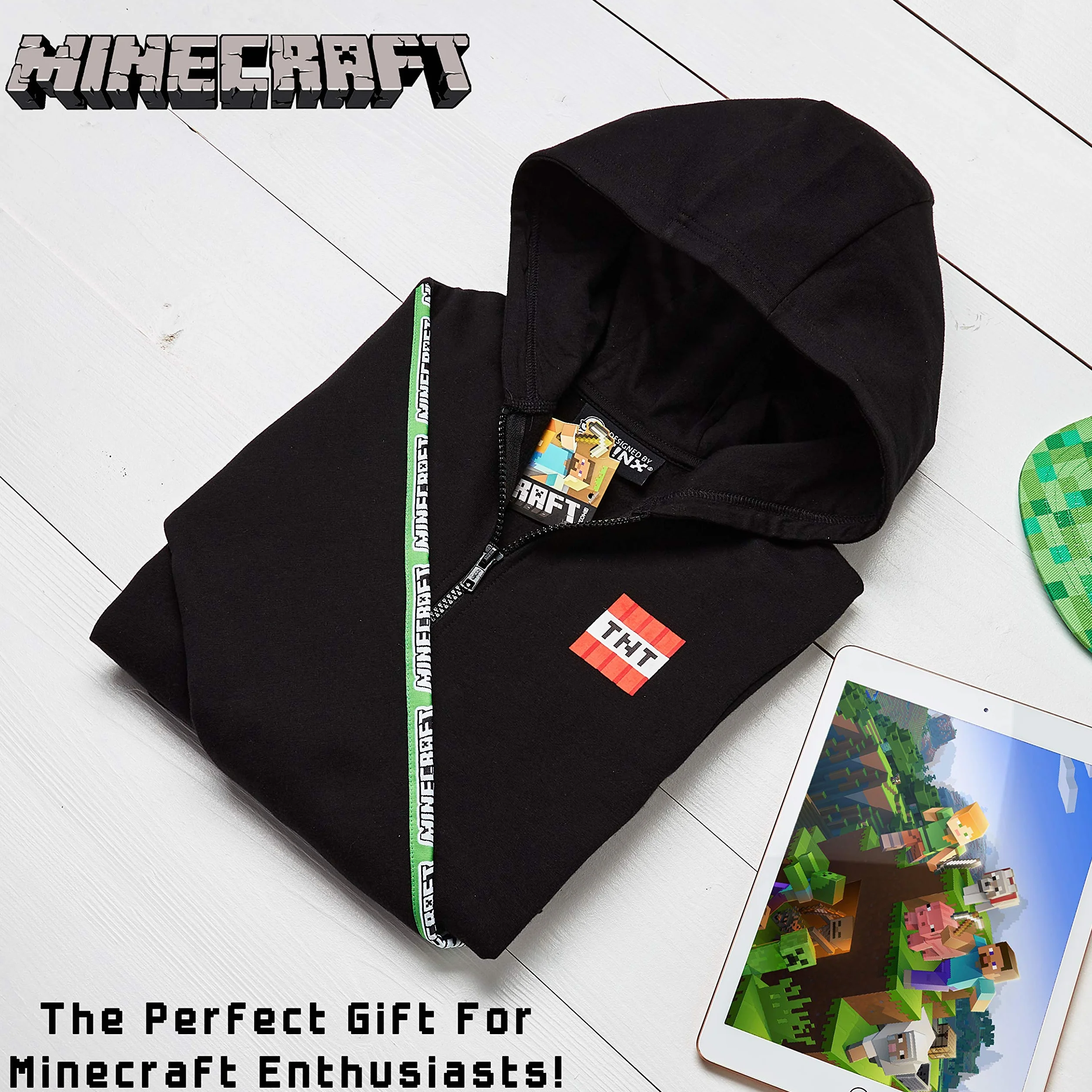 Minecraft Bluza z kapturem dla chłopców, bluza z kapturem z zamkiem błyskawicznym, wygodna, długa bluza z długim rękawem i kapturem, prezenty dla graczy, dla chłopców, dziewcząt, nastolatków w wieku 5–14 lat