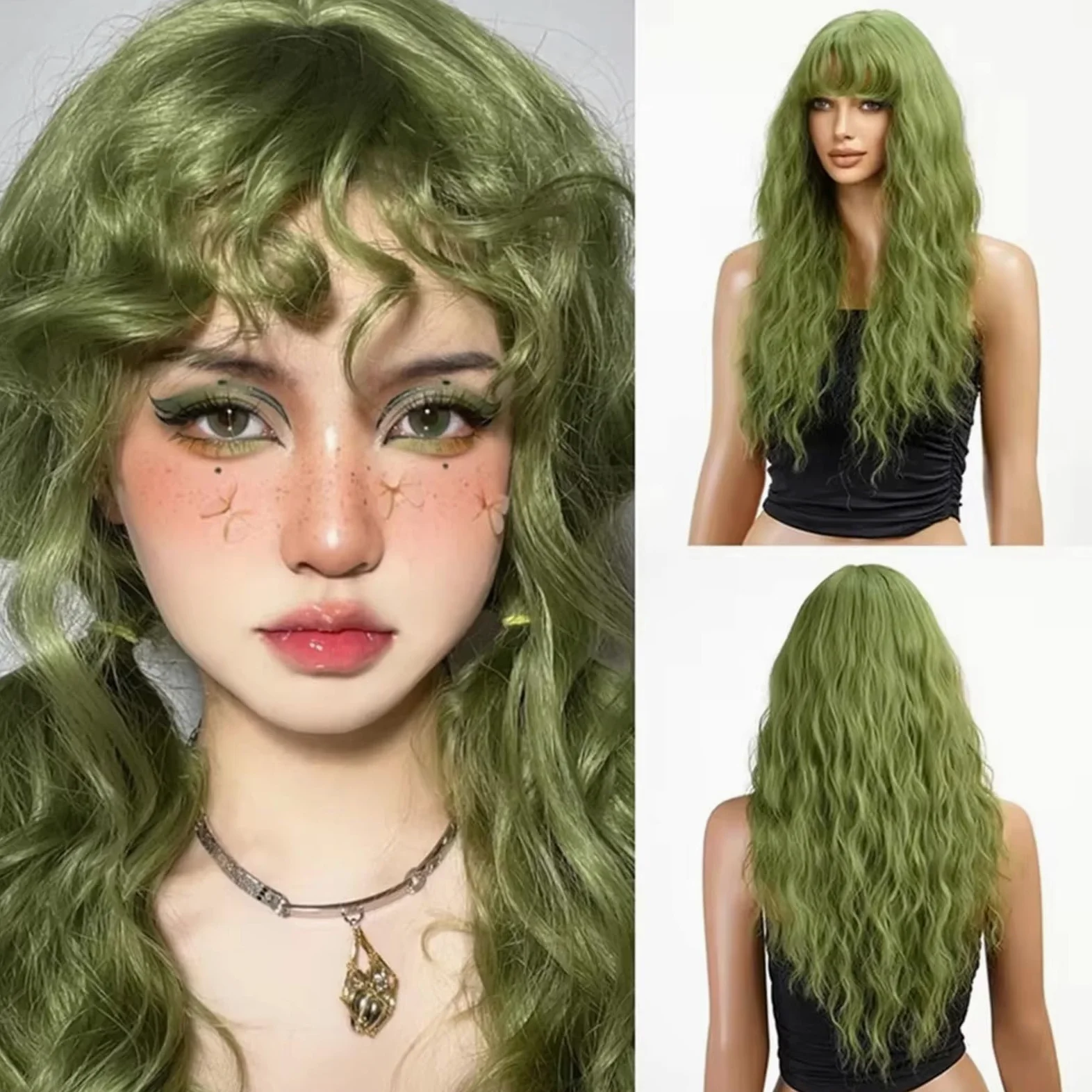 Peruka damska Jasnozielone kręcone peruki syntetyczne z włóknem termoodpornym grzywką na imprezę cosplay Peruki ludzkie