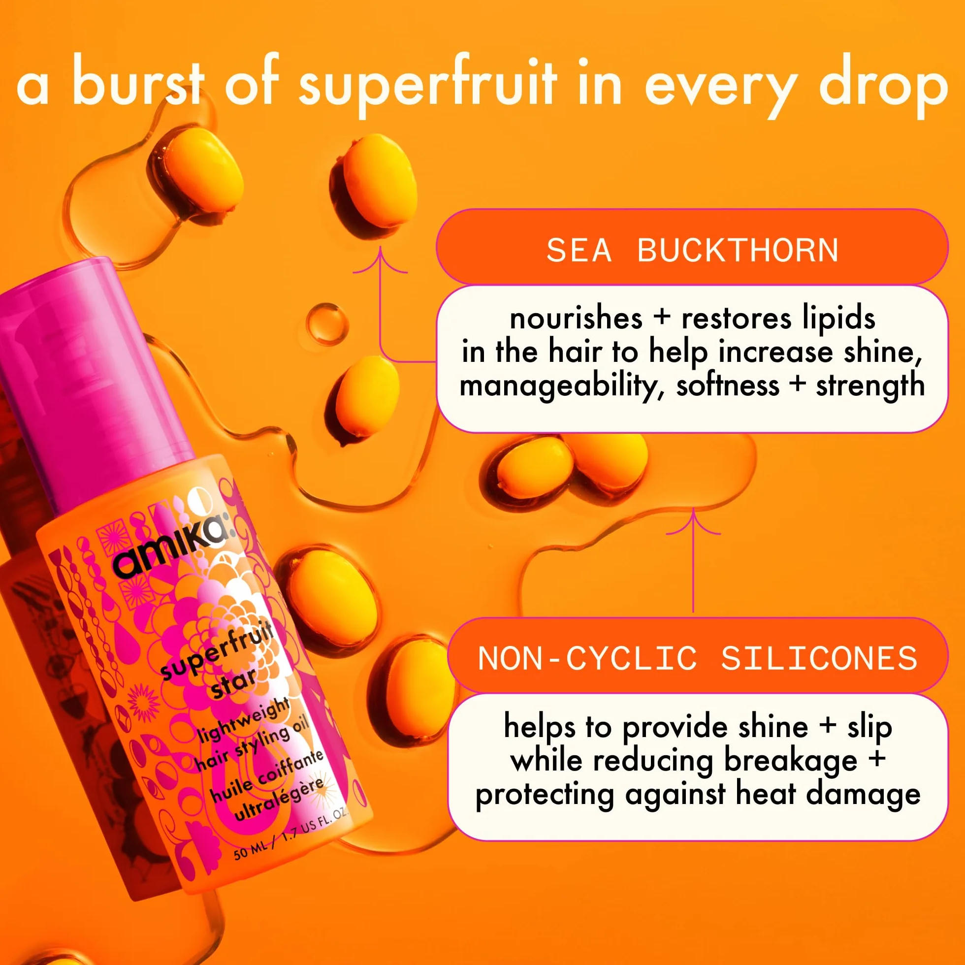 amika Superfruit Star Lightweight Hair Styling + Heat Defense Oil 100 ml | Lekki olejek do włosów i olejek do stylizacji dla połysku i zapobiegający puszeniu się | olej chroniący przed wysoką