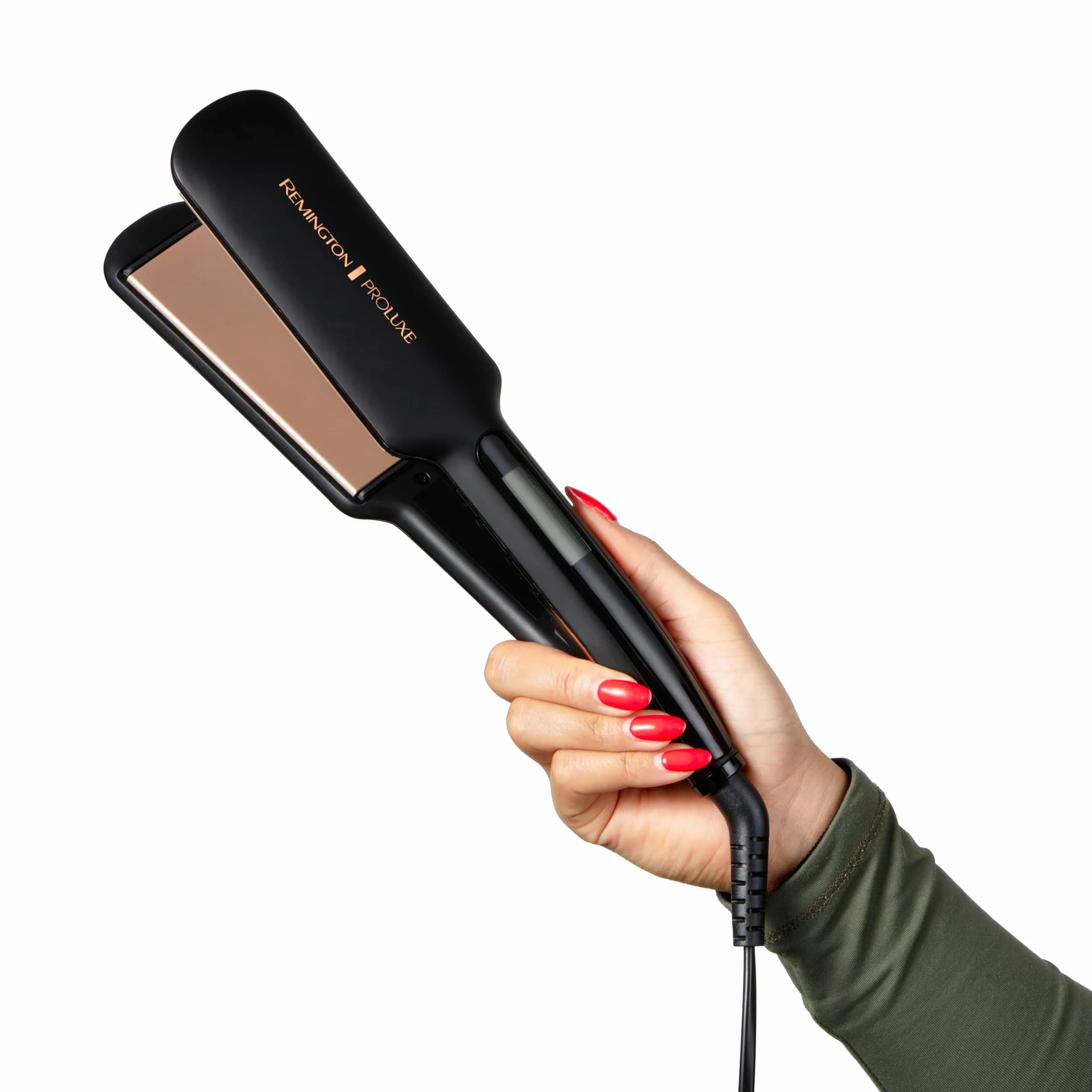 Remington prostownica do włosów, szerokie płytki, tech. OptiHeat utrwala fryzurę do 24h, ceramiczna, zakres temp. 150-230°C, LCD, szybkie nagrzewanie, przewód 3m, czarna, PROluxe Midnight Wide S9150B