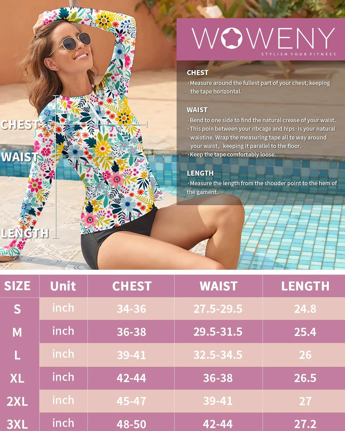 WOWENY Damska koszulka do pływania z długim rękawem 1/4 Zip Rashguard, ochrona przed słońcem, moda kąpielowa, do surfowania, na plażę, do pływania