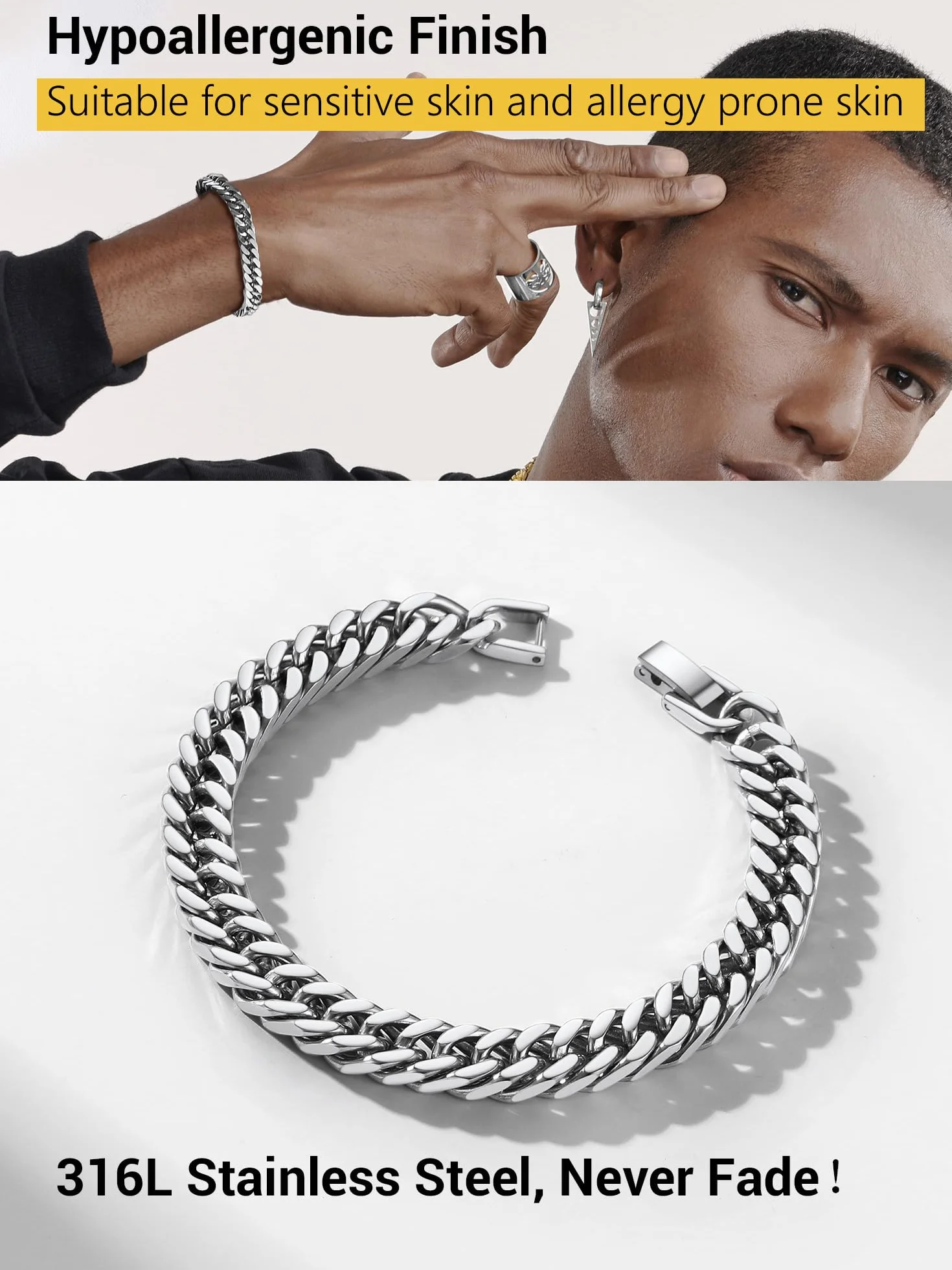 PROSTEEL Bransoletka łańcuszkowa dla mężczyzn, szerokość 17 mm, kubańska bransoletka ogniwowa, srebrna/pozłacana, czarna biżuteria hip-hopowa, 19/21/23 cm, dla mężczyzn, chłopców, z pudełkiem