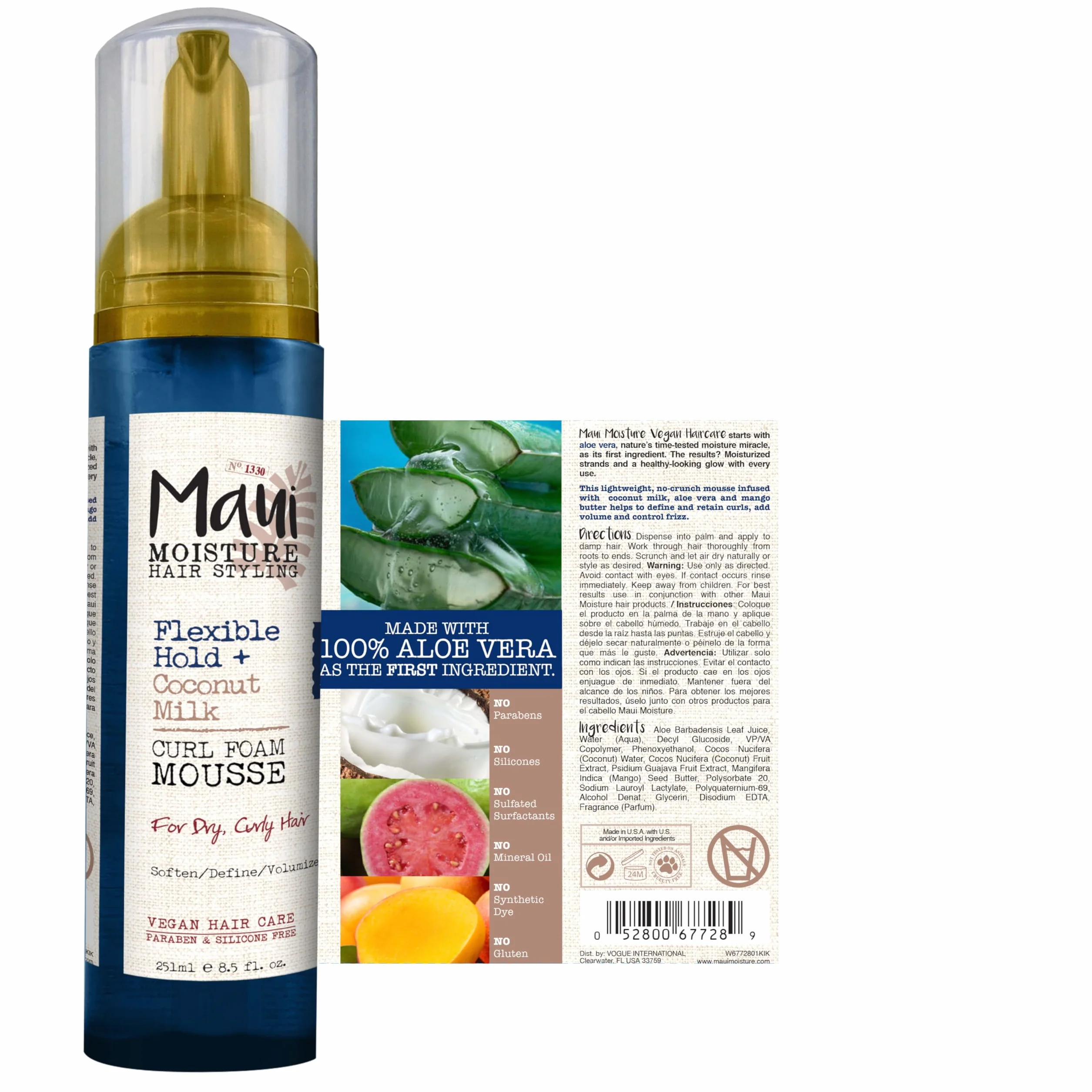 Maui Moisture Elastyczne mocowanie + pianka do kręconych włosów z mlekiem kokosowym, bez suchego alkoholu, parabenów lub silikonu, 241 g