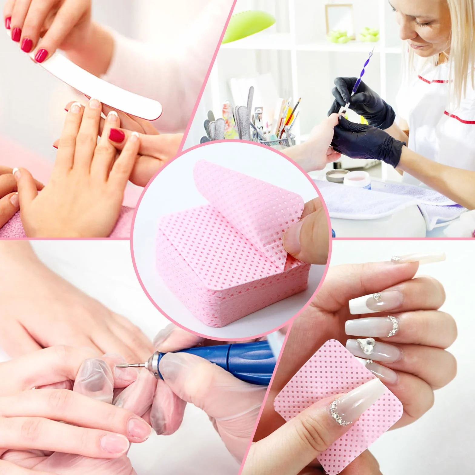 Qufiiry Chusteczki 300 niestrzępiących się do lakieru żelowego, chłonnych chusteczek do usuwania lakieru żelowego, do manicure i zdobienia paznokci (różowe)