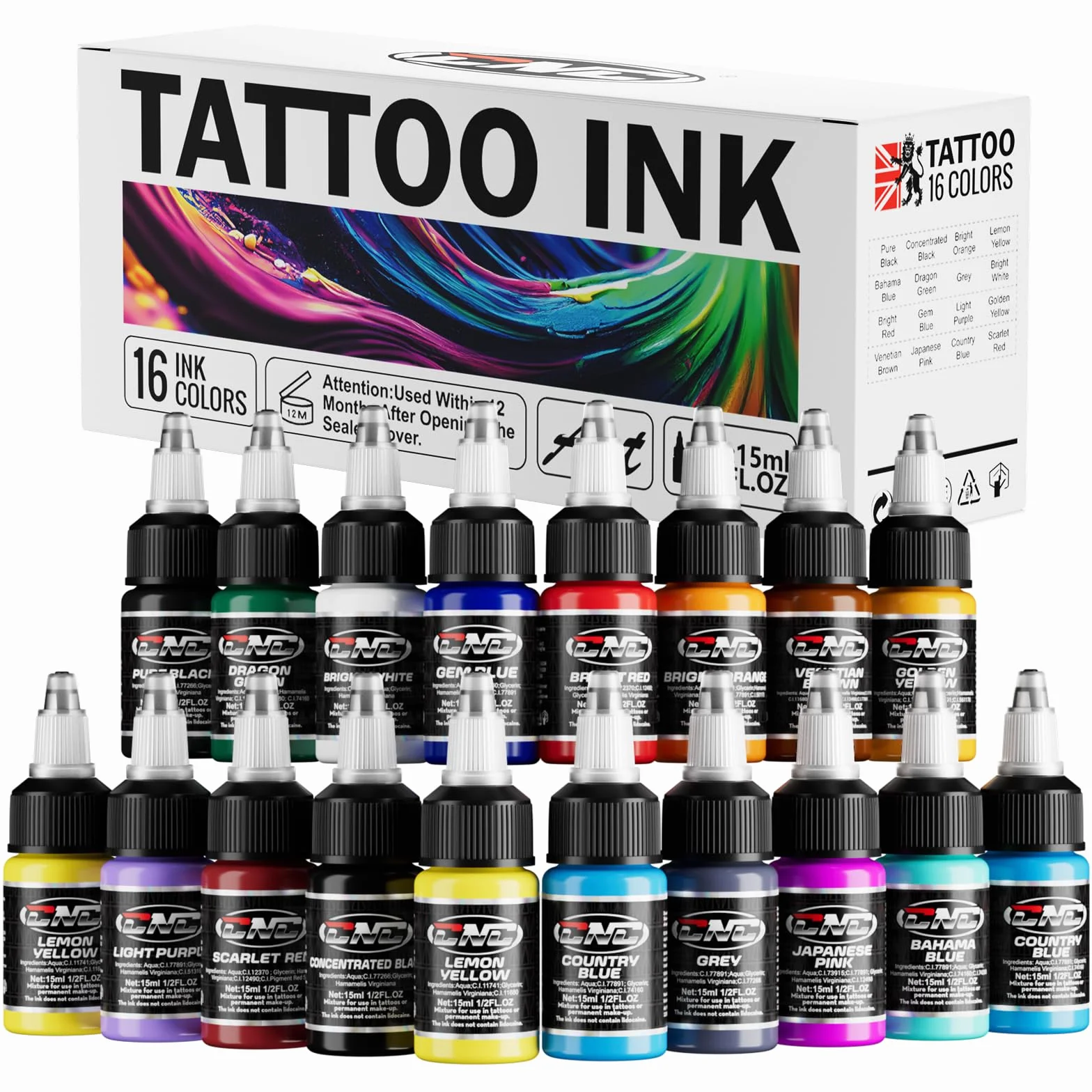 CNC Zestaw farb do tatuażu – zestaw 16 podstawowych kolorów 15 ml 16 sztuk – tusz do tatuażu, zestaw atramentów do tatuażu TI6003-15-16
