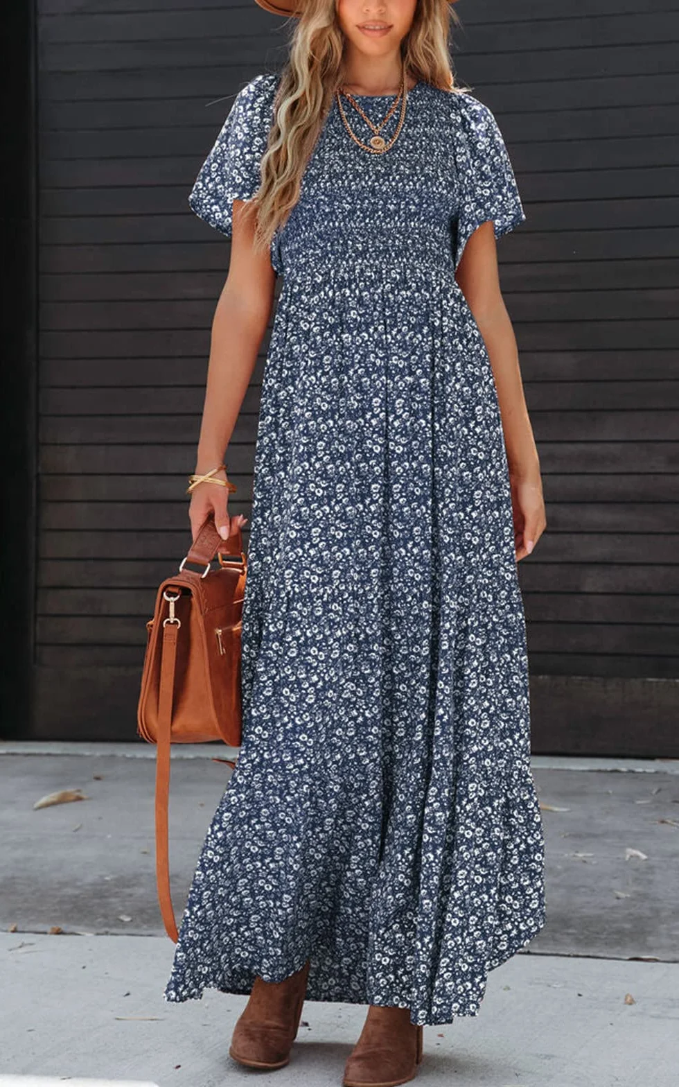 PRETTYGARDEN Women's 2025 Summer Round Neck Short Flutter Sleeve Smocked Ruffle Floral Maxi Dress Flowy Tiered Boho Dress (Navy,Medium)
