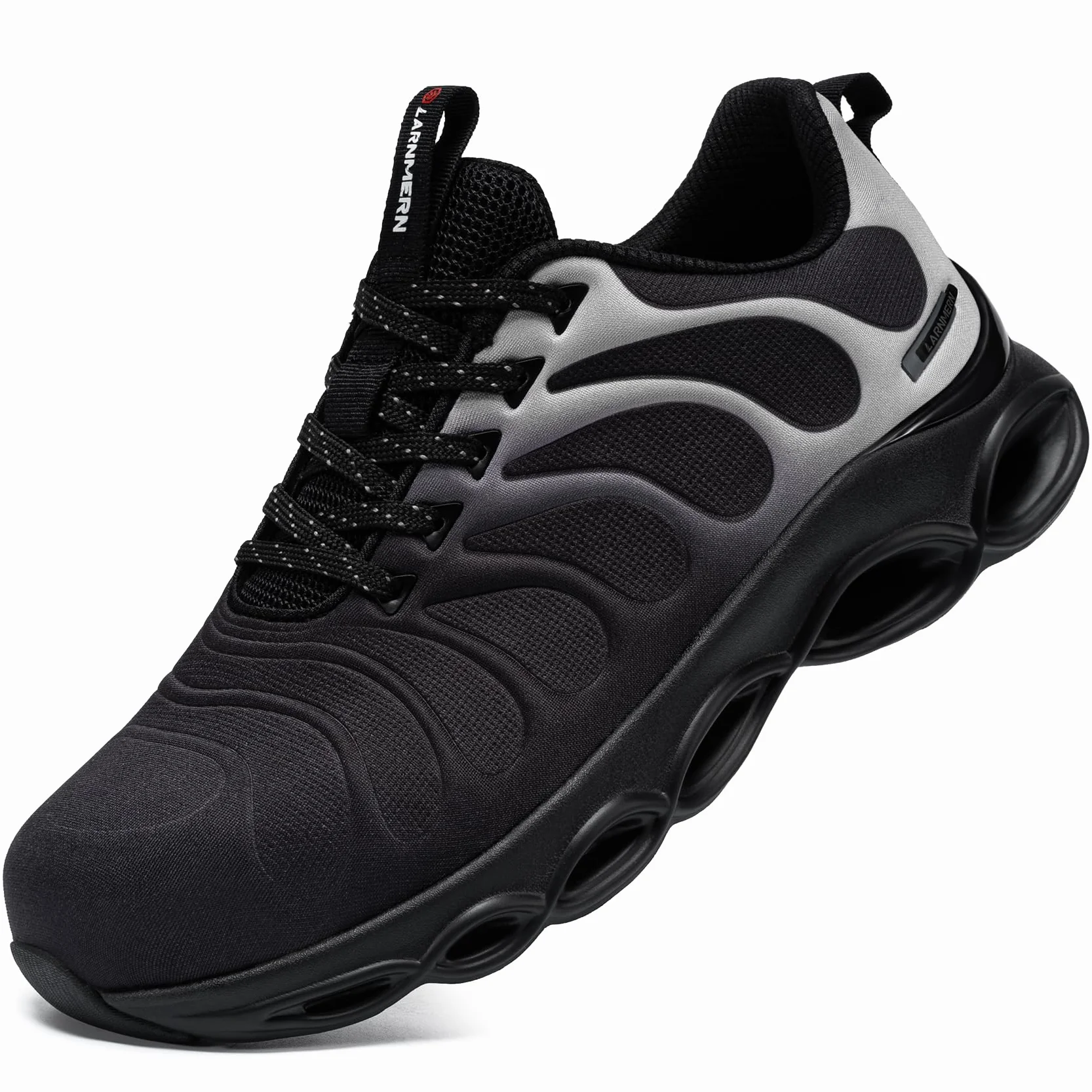 LARNMERN Buty sportowe ze stalowym noskiem, męskie buty ochronne, oddychające buty ochronne, wygodne buty robocze, lekkie, amortyzacja, moda, 3,5UK-44UK, Tryb szary czarny, 45.5 EU