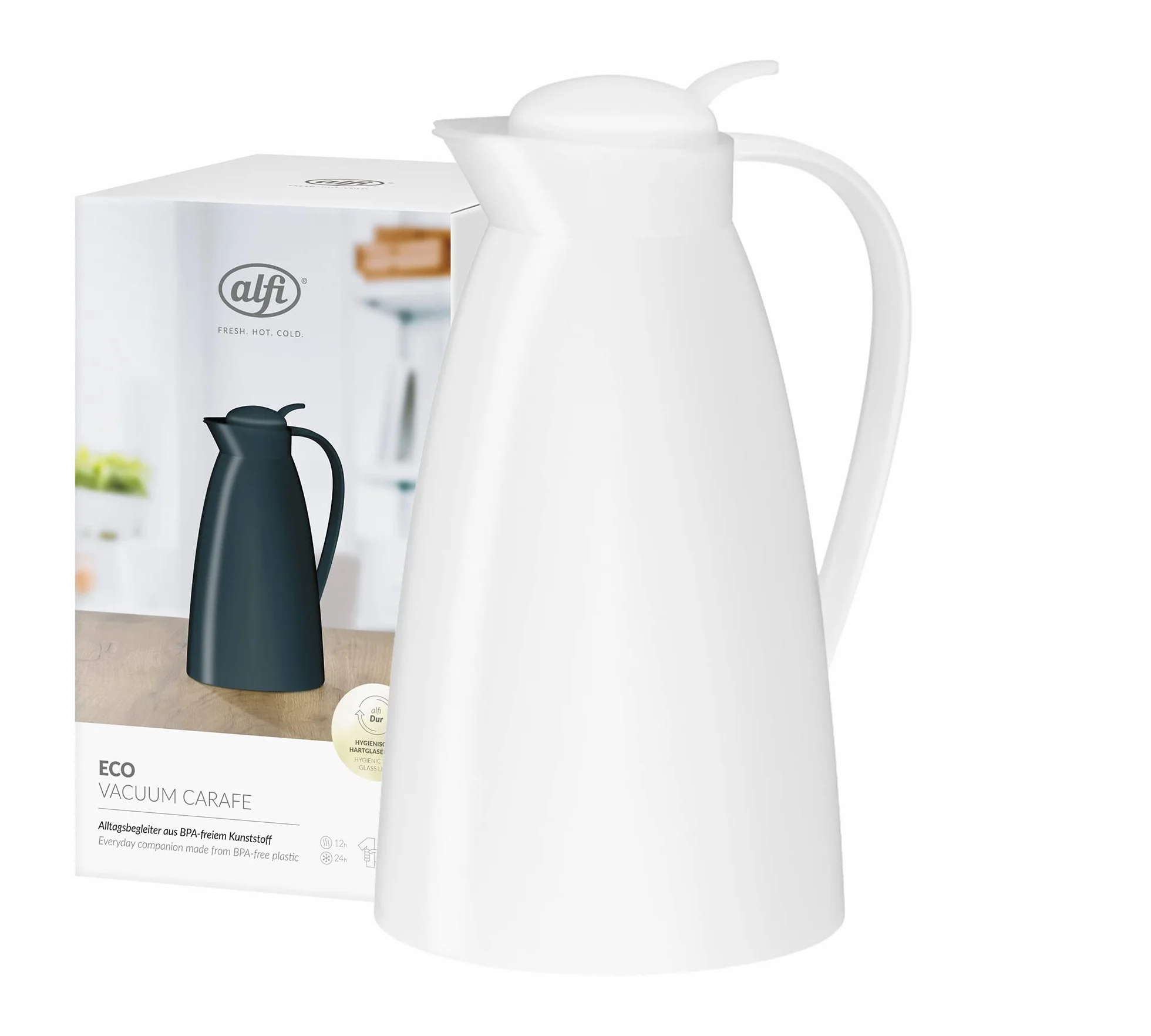 alfi ECO 1,0 l, coconut white mat, izolowany dzbanek z higienicznym wkładem ze szkła hartowanego z tworzywa sztucznego, zakrętka z wygodnym przyciskiem, nalewanie jedną ręką, idealnydo kawy