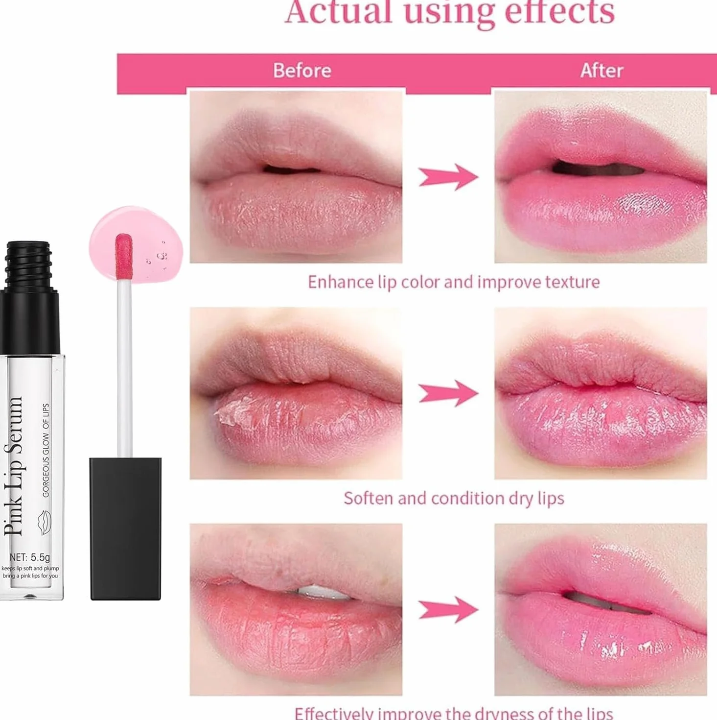 2PCS Pink Lip Serum Plumper, Color Changing Lip Gloss, Pink Lip Serum Plump Gorgeous Glow of Lips, Pink Lip Serum Plumping, Glow Color Changing Lip Oil
