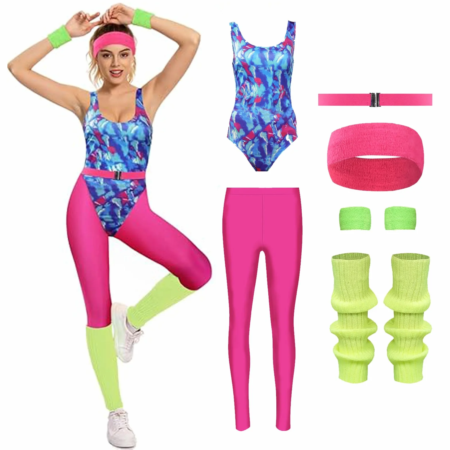 Rretro kostium fitness z lat 80. XX wieku, dres treningowy, spodnie do jogi, spodnie z akcesoriami, zestaw kostiumowy na imprezę