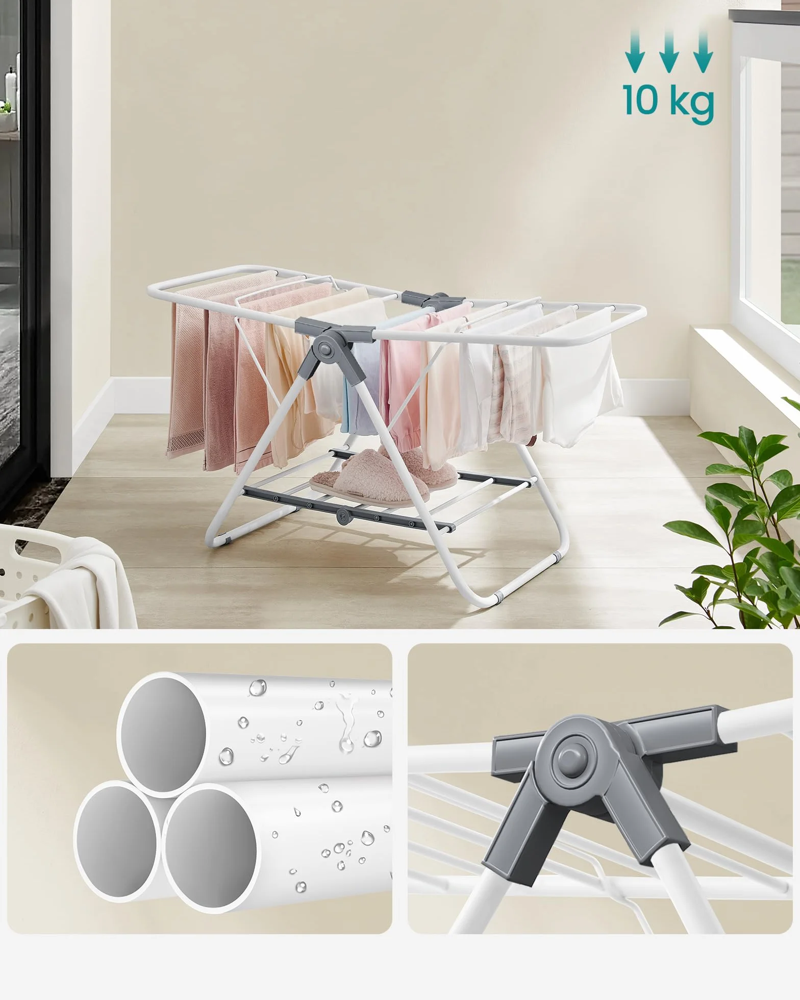 SONGMICS Suszarka na pranie, składana, stojąca suszarka z 2 skrzydłami, zajmuje mało miejsca, metalowa, na małe ubrania, ręczniki, łazienka, balkon, 44 x 101 x 54 cm, biała chmurka LLR504W01
