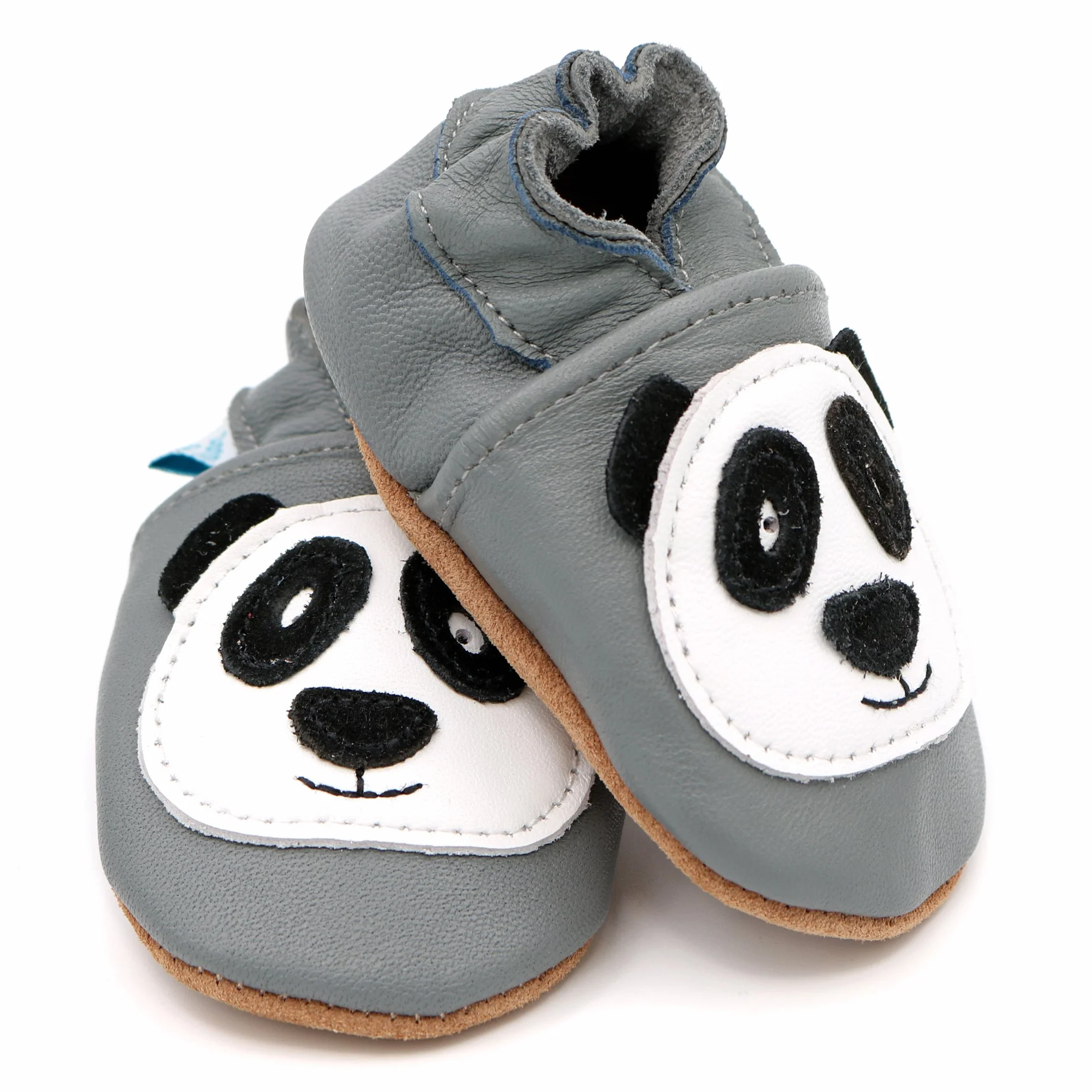 Dotty Fish Miękkie skórzane buty dziecięce z antypoślizgowymi podeszwami zamszowymi. Buty do raczkowania. Wzór zwierzęcy. Chłopcy i dziewczęta (17-28 EU), Szara panda., 21 EU