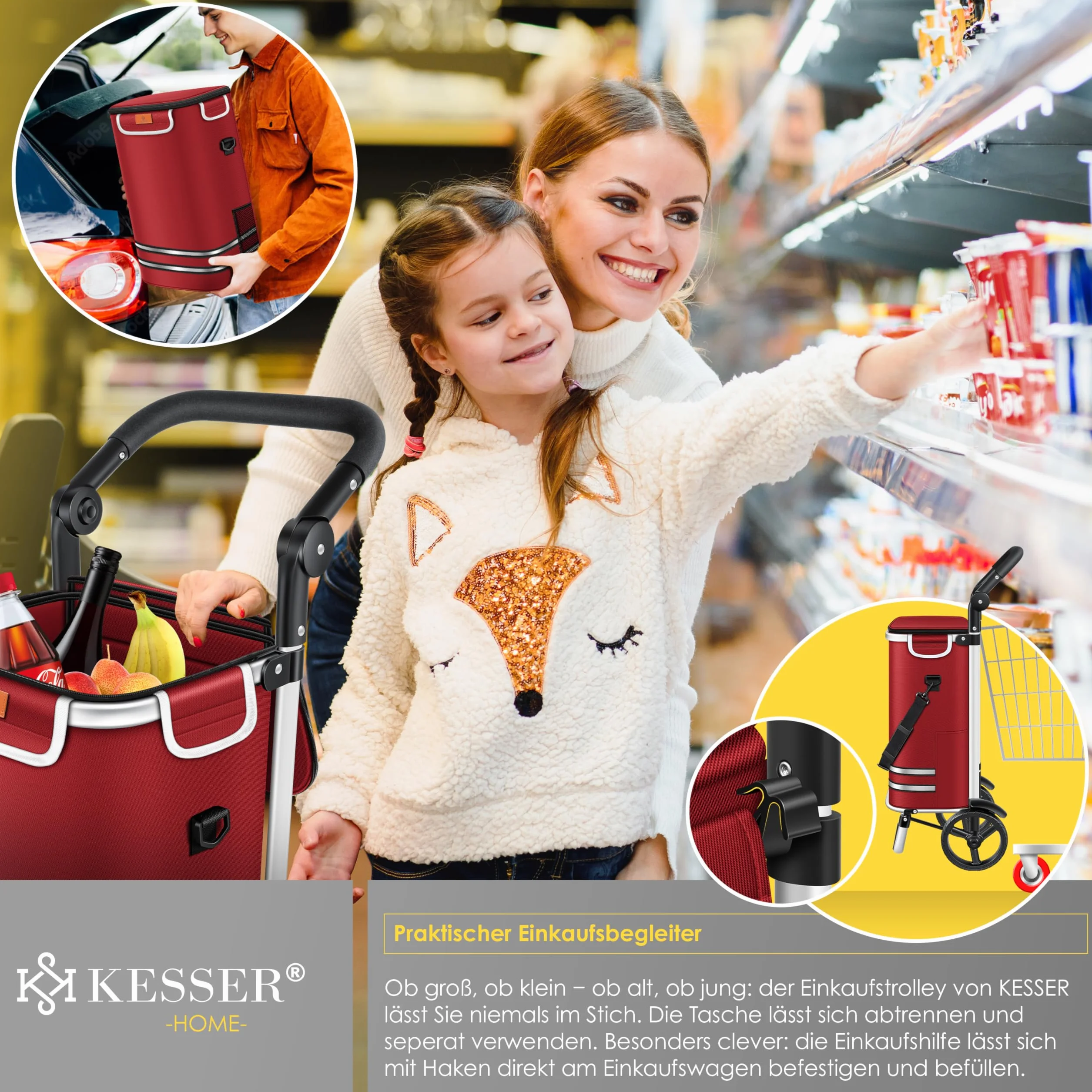 Kesser® Wózek zakupowy, składany, 56 l pojemności, obciążenie do 50 kg, wózek transportowy 3 w 1, wózek na zakupy, w zestawie komora chłodząca i żeton na zakupy, do pokonywania schodów, bordowy