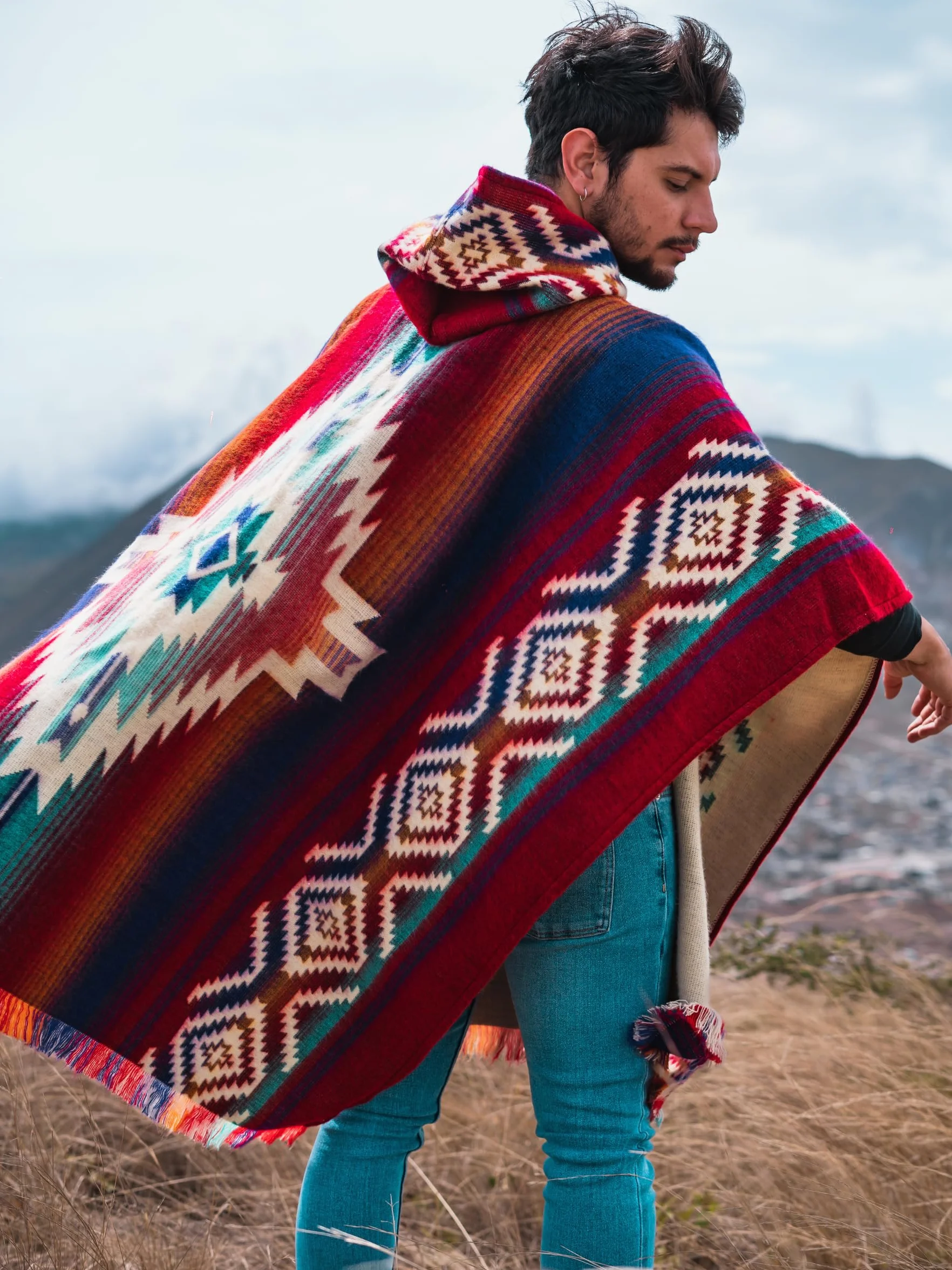 Ponczo dla mężczyzn, wełna alpaki – styl Clint Eastwood, Daryl Dixon, produkt wykonany ręcznie, kowbojska serape, szal