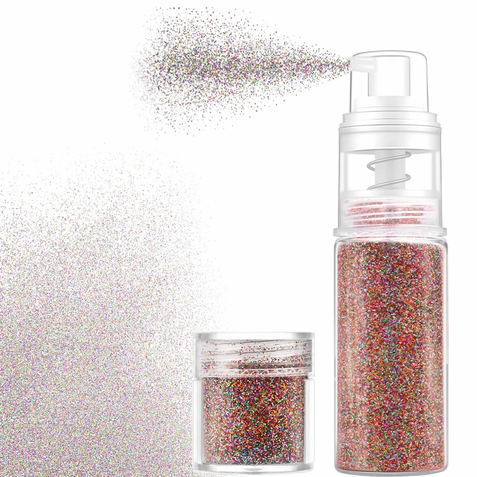 AOOWU Brokat w sprayu, brokat do ciała i włosów z 1 wkładem, brokatowy spray do makijażu w proszku, ultracienki brokat w proszku na Halloween, klub, imprezy, 17 g (kolorowy laser)