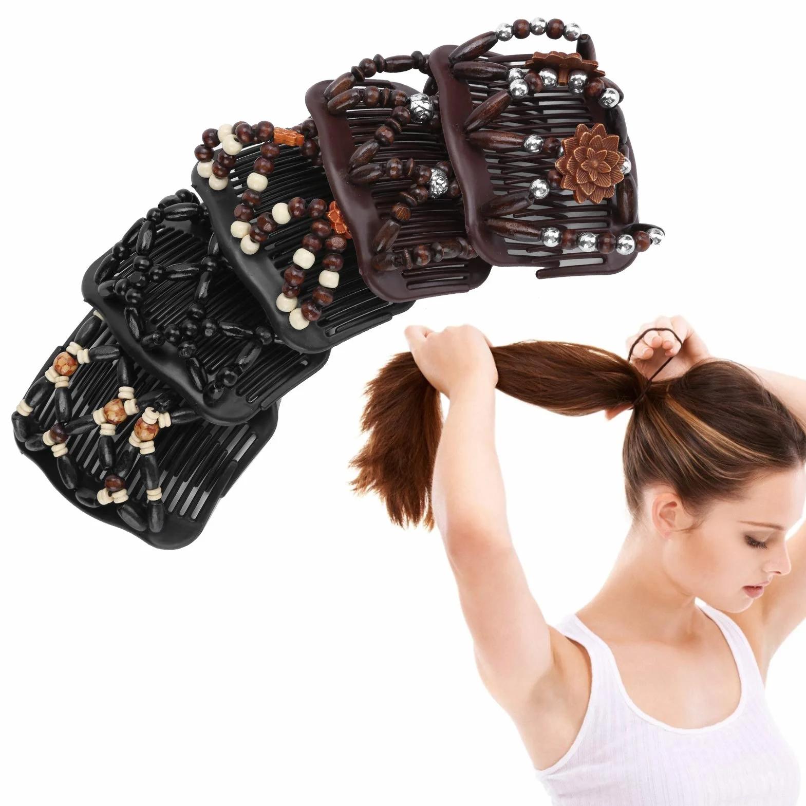 5 szt. podwójne spinki do włosów, Magic Hair Comb, podwójny grzebień do włosów, drewniane koraliki podwójny grzebień do włosów elastyczny klips damskie akcesoria do włosów, narzędzia do stylizacji