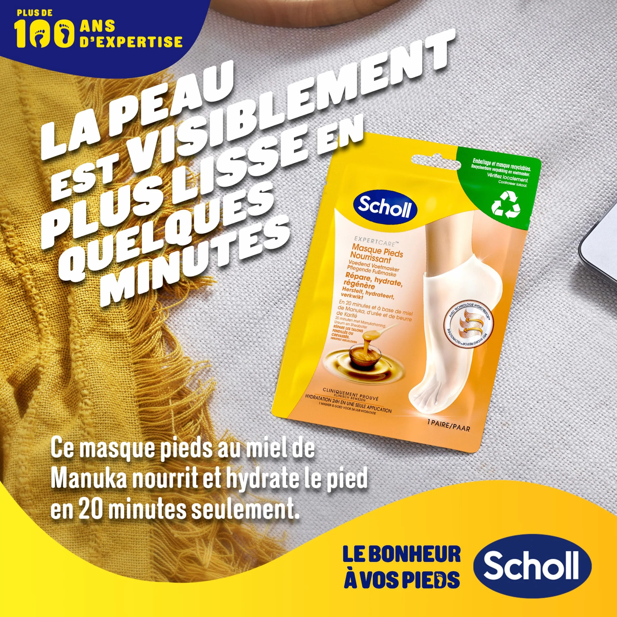 Scholl ExpertCare Maseczka do stóp - 4 pary - gładsze i bardziej miękkie stopy w 1 użyciu - Intensywne nawilżenie miodem Manuka, mocznikiem i masłem shea - nawilża i regeneruje suchą skórę