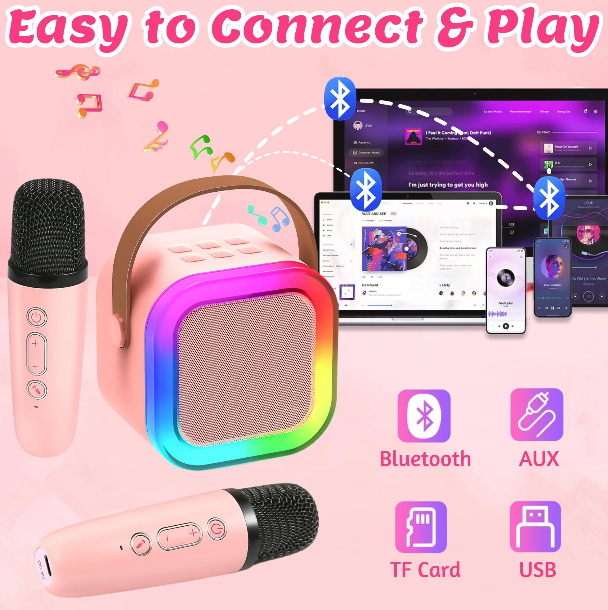 Chennyfun Karaoke Machine 2 mikrofony, Mini Karaoke Machine, przenośny głośnik Bluetooth z efektami zmiany głosu i światłami LED, najlepszy prezent urodzinowy dla dziewczynek i chłopców