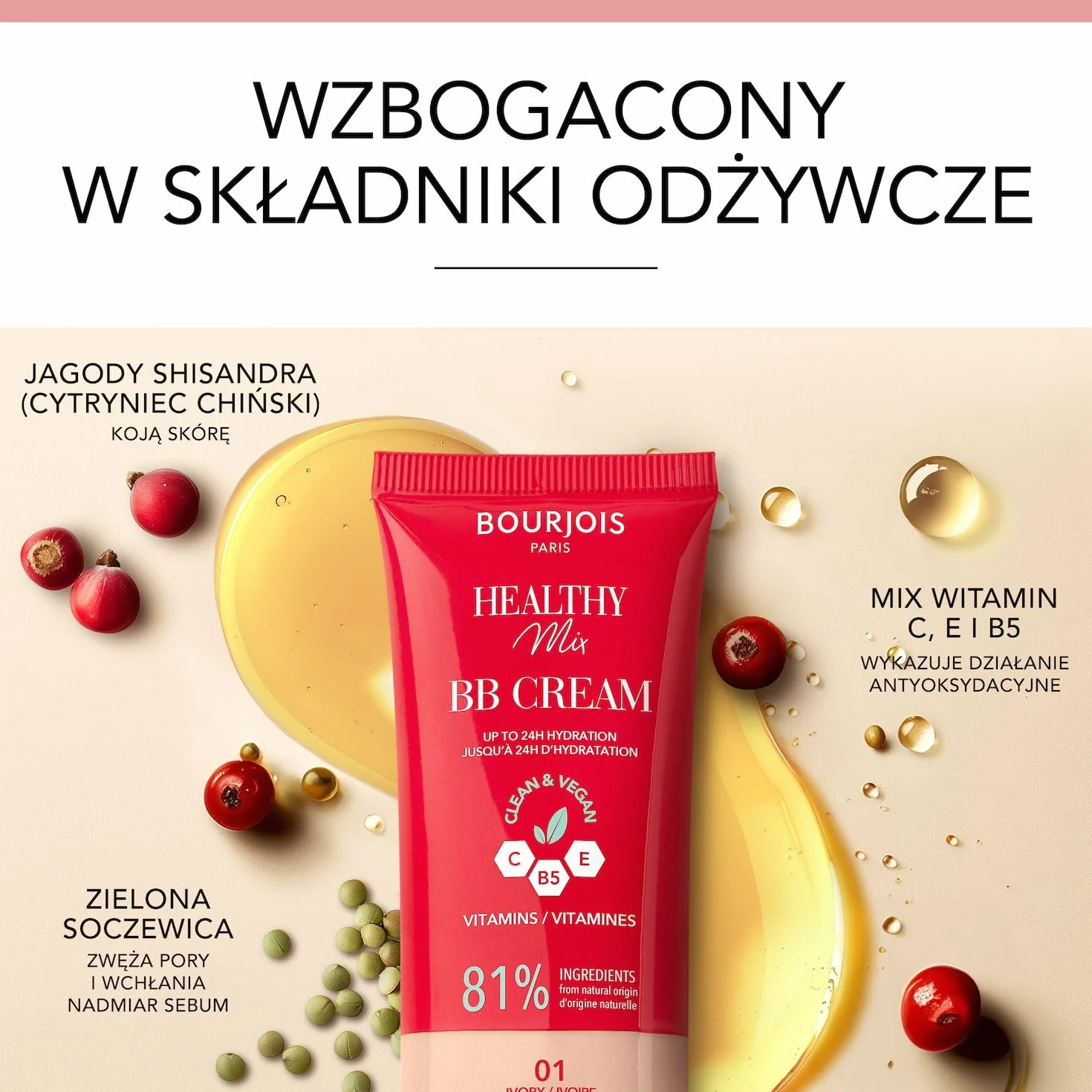 Bourjois Healthy Mix kryjący krem BB z kompleksem witamin C, E i B5 nr 01 Ivory, 30 ml