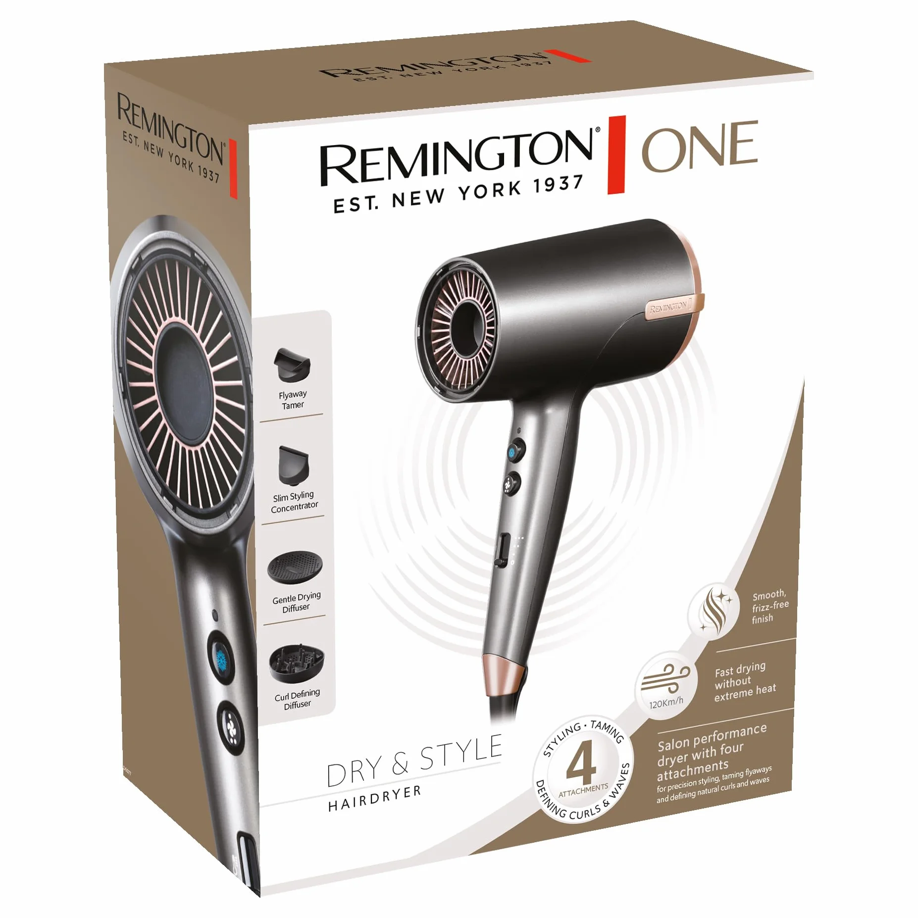 Remington Jonowa suszarka do włosów [moc nadmuchiwania 120 km/h, szybkie schnięcie] ONE Dry&Style (4 akcesoria: zapobiegające pękaniu, 2 dyfuzory, wyjątkowo szeroka smukła dysza, 8 ustawień ciepła i prędkości) Suszarka do włosów D6077