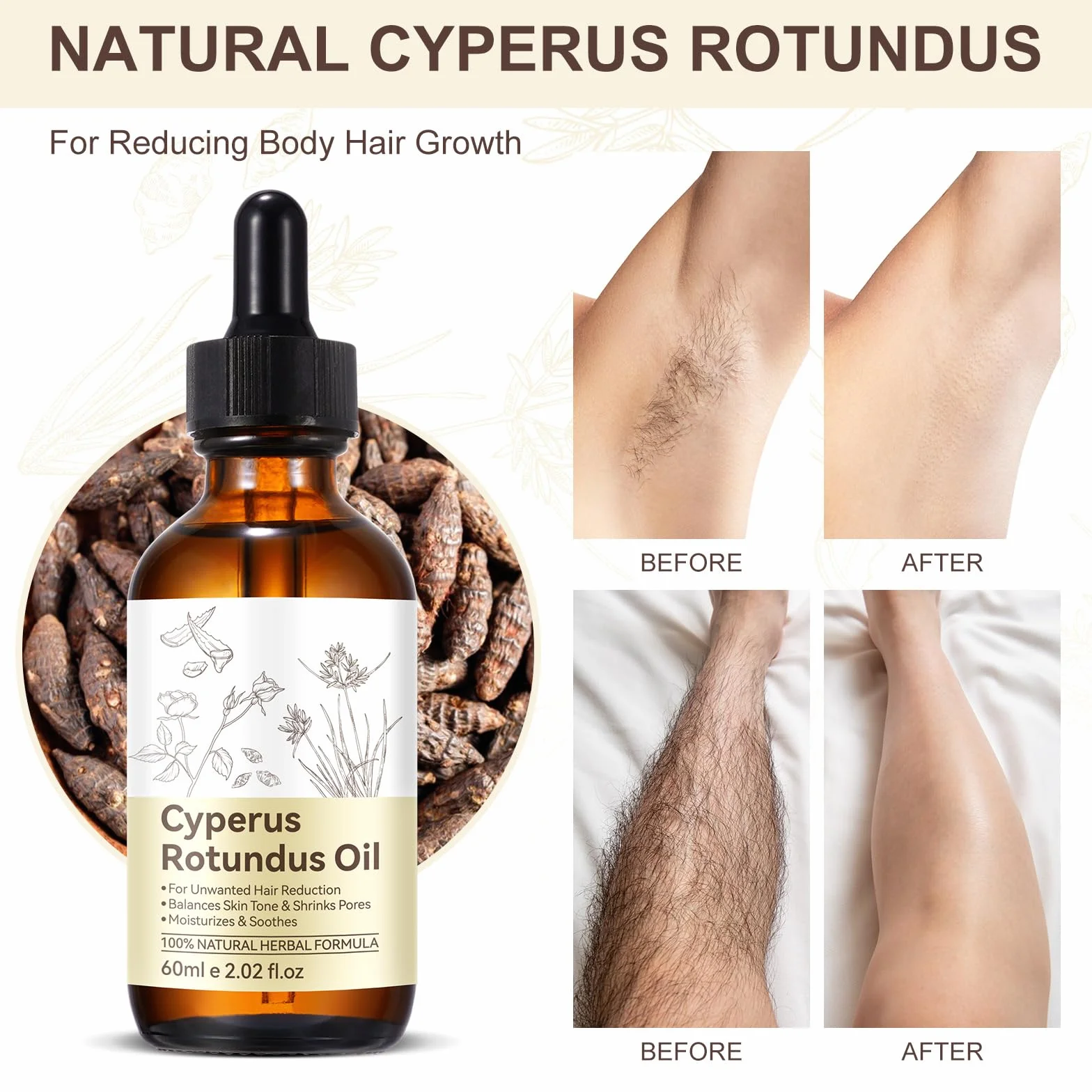 Cyperus Rotundus olejek do depilacji, 100% czysty, naturalny środek przeciwporostowy włosów na twarz i ciało, kojący po goleniu, zmniejsza pory i nawilża skórę (60 ml)