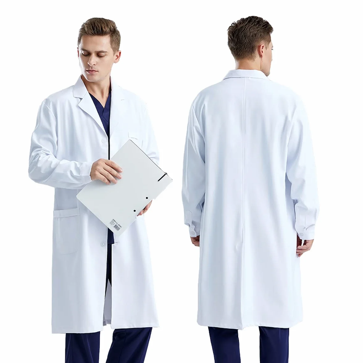 Fartuch laboratoryjny, bawełna, dla kobiet i mężczyzn, biały fartuch lekarski z guzikami, 3 kieszenie, długi rękaw, płaszcz laboratoryjny, odzież robocza, płaszcz lekarski, odzież ochronna do