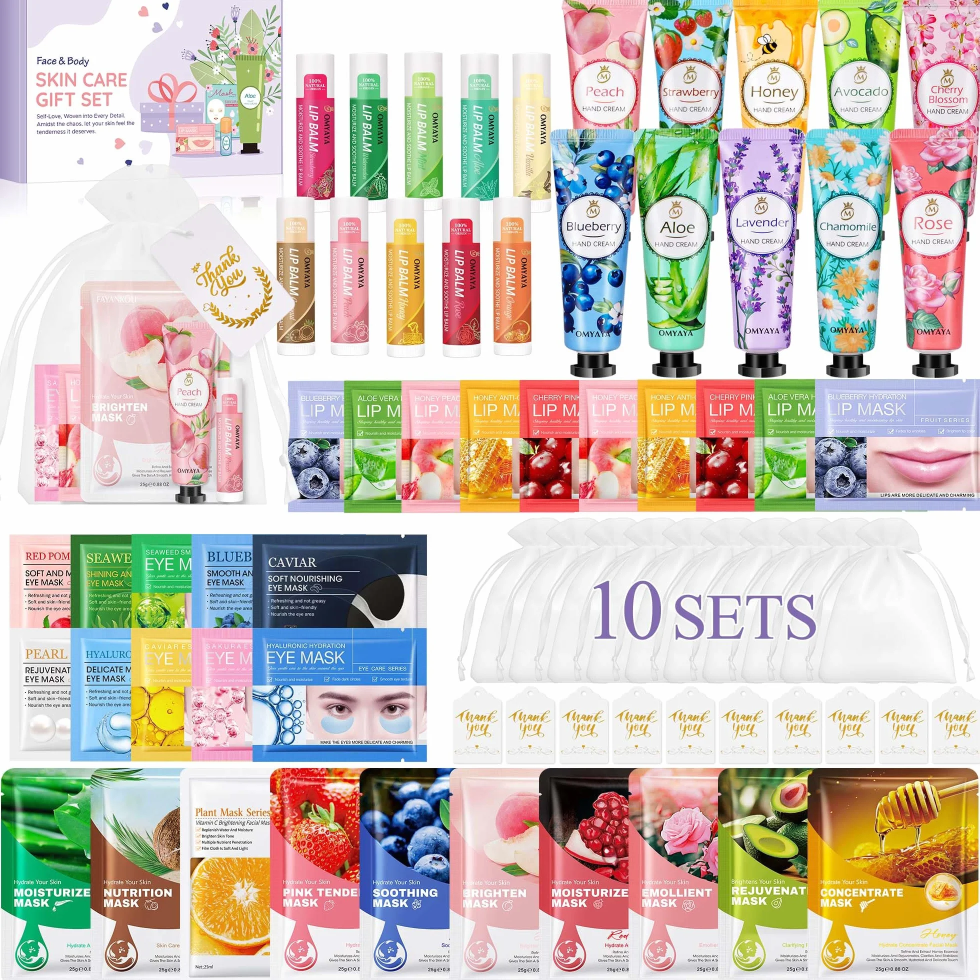 70 sztuk zestaw upominkowy dla kobiet, do pielęgnacji skóry, 10 sztuk akcesoriów do spa Skincare dla dziewcząt, z maseczkami na twarz, kremem do rąk, płatkami pod oczy, maseczkami do ust, balsamem do