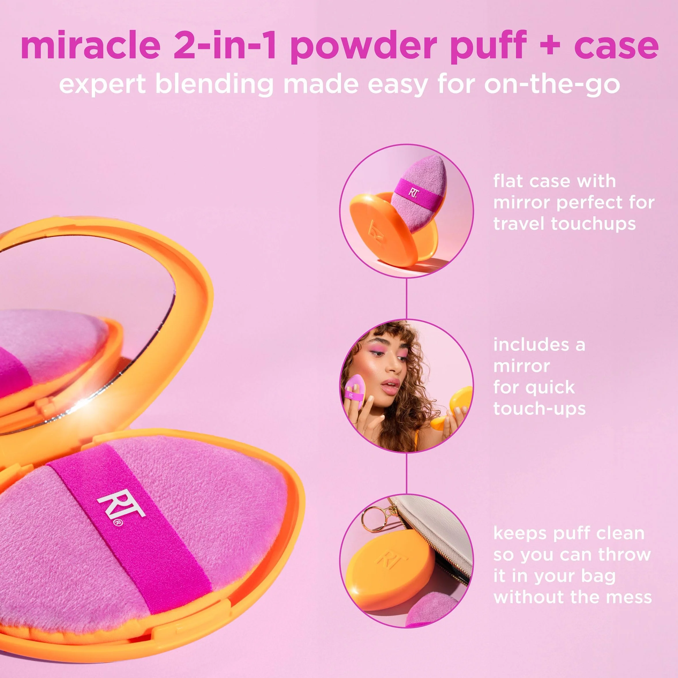 Real Techniques Miracle 2 w 1 pudru + etui podróżne, dwustronna opaska do mieszania makijażu, elastyczna taśma, precyzyjna gąbka do makijażu i pudru, do płynów, kremów i proszków, etui podróżne, 2