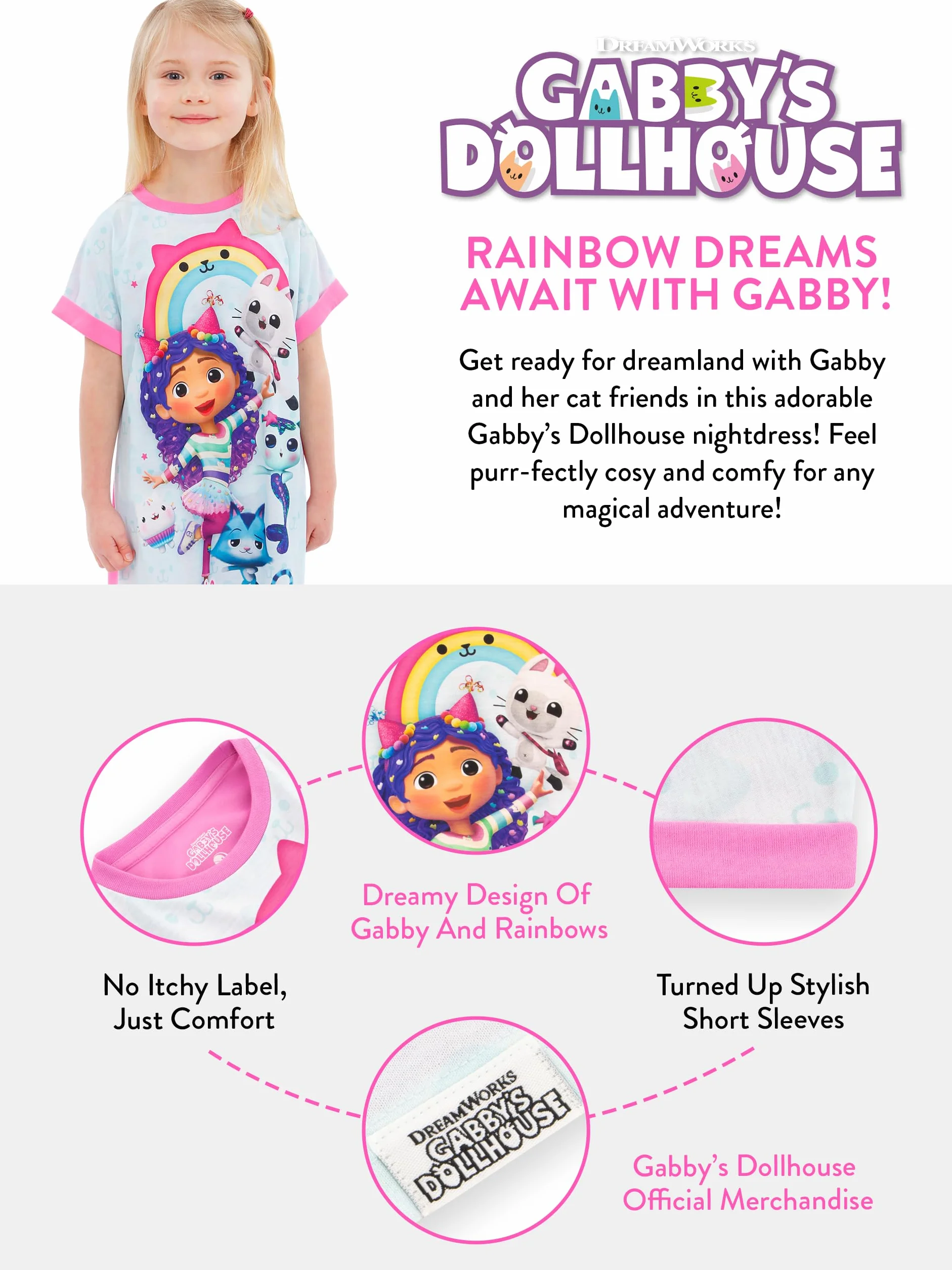 DreamWorks Gabby’s Dollhouse Koszula Nocna dla Dziewczynek | Koszula Nocna Gabby Kotka | Koszule Nocne dla Dziewczynek