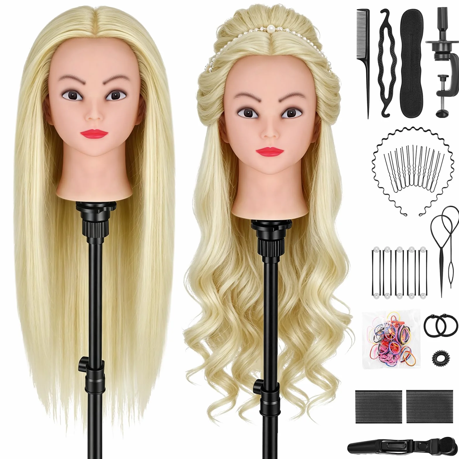 TwoWin Głowa treningowa fryzjerska 20" 51 cm 80% prawdziwe włosy do stylizacji peruki z zaciskiem zestaw do zaplatania DIY jasnozłota