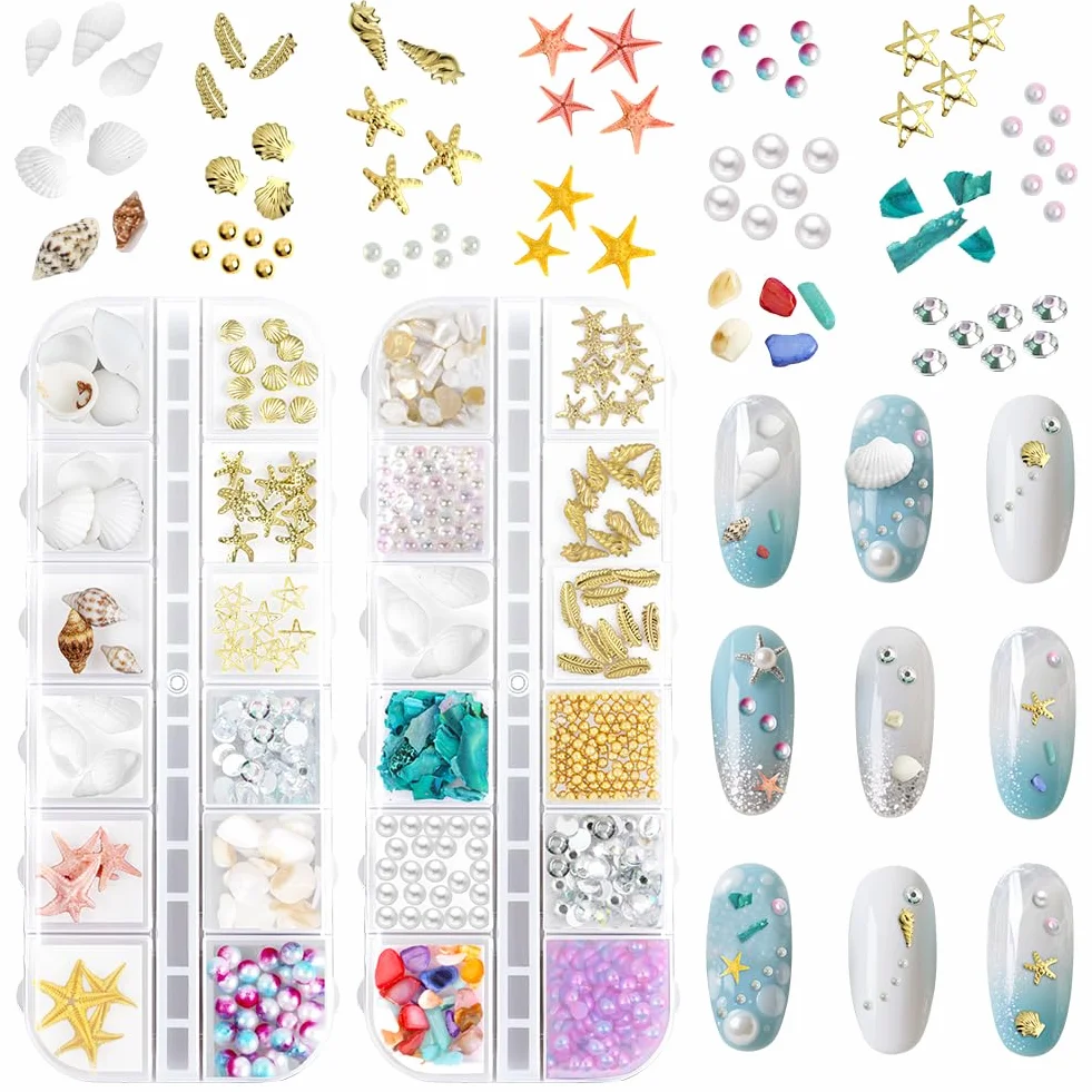 Vicloon Summer Ocean Nail Charms, 2 pudełka, letnie kamienie strasu do paznokci, motyw plażowy z muszlami, rozgwiazda 3D, muszla, perły, charmsy do paznokci, dla kobiet, akrylowe, do paznokci, oceanu