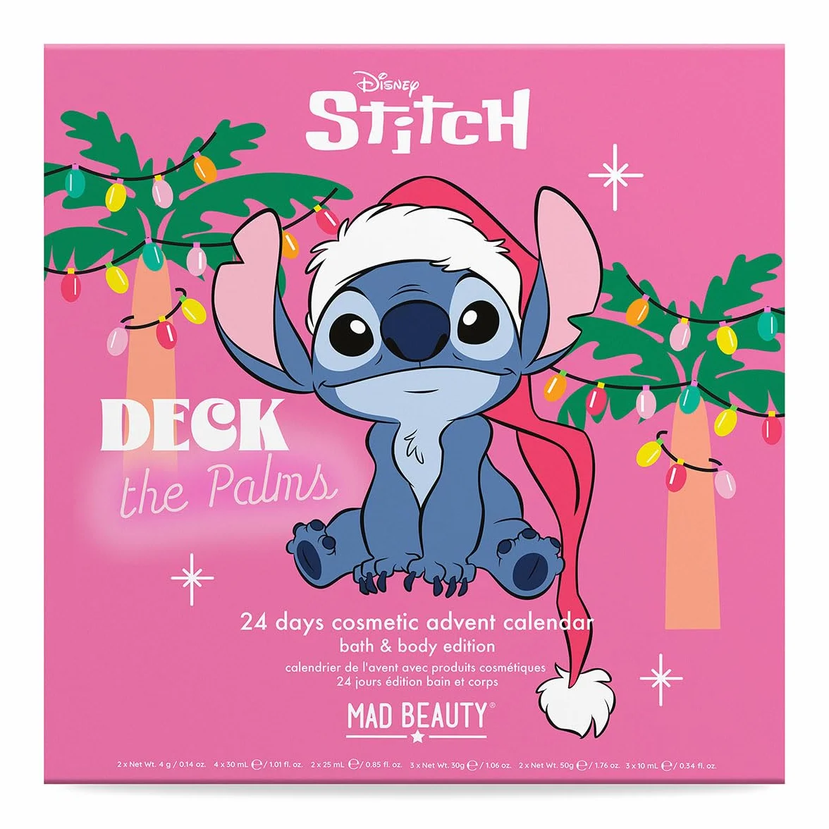MAD Beauty – Disney STITCH kalendarz adwentowy z 24 produktami kosmetycznymi, wellness, kalendarz adwentowy dla kobiet i dziewcząt, z maską na twarz, balsamem do ciała, gumką do włosów, pilnikiem do