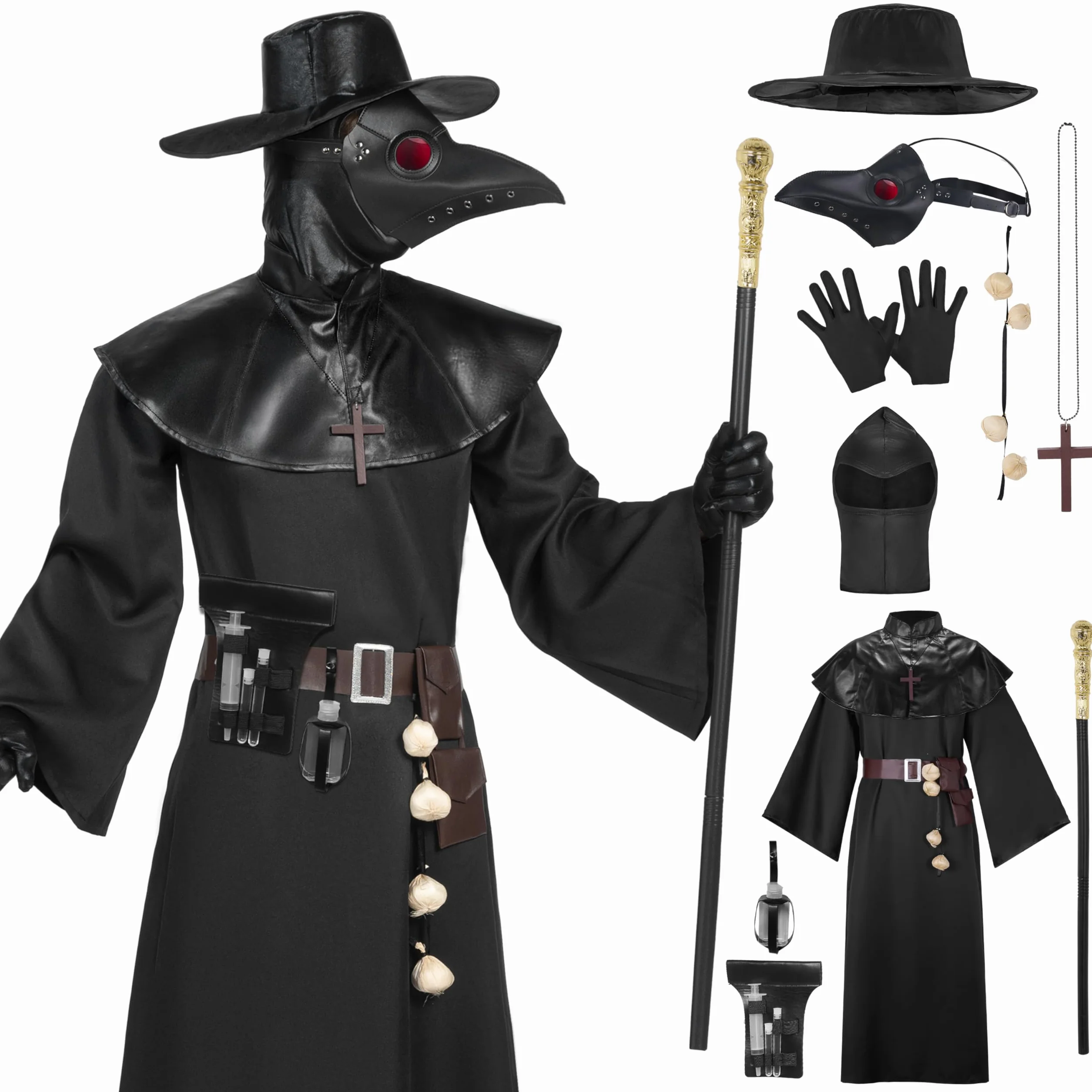 Spooktacular Creations Męski czarny kostium lekarza zarazy z kapeluszem, maską, szalem, szatą, rękawiczkami, paskiem, czosnkiem, berłem