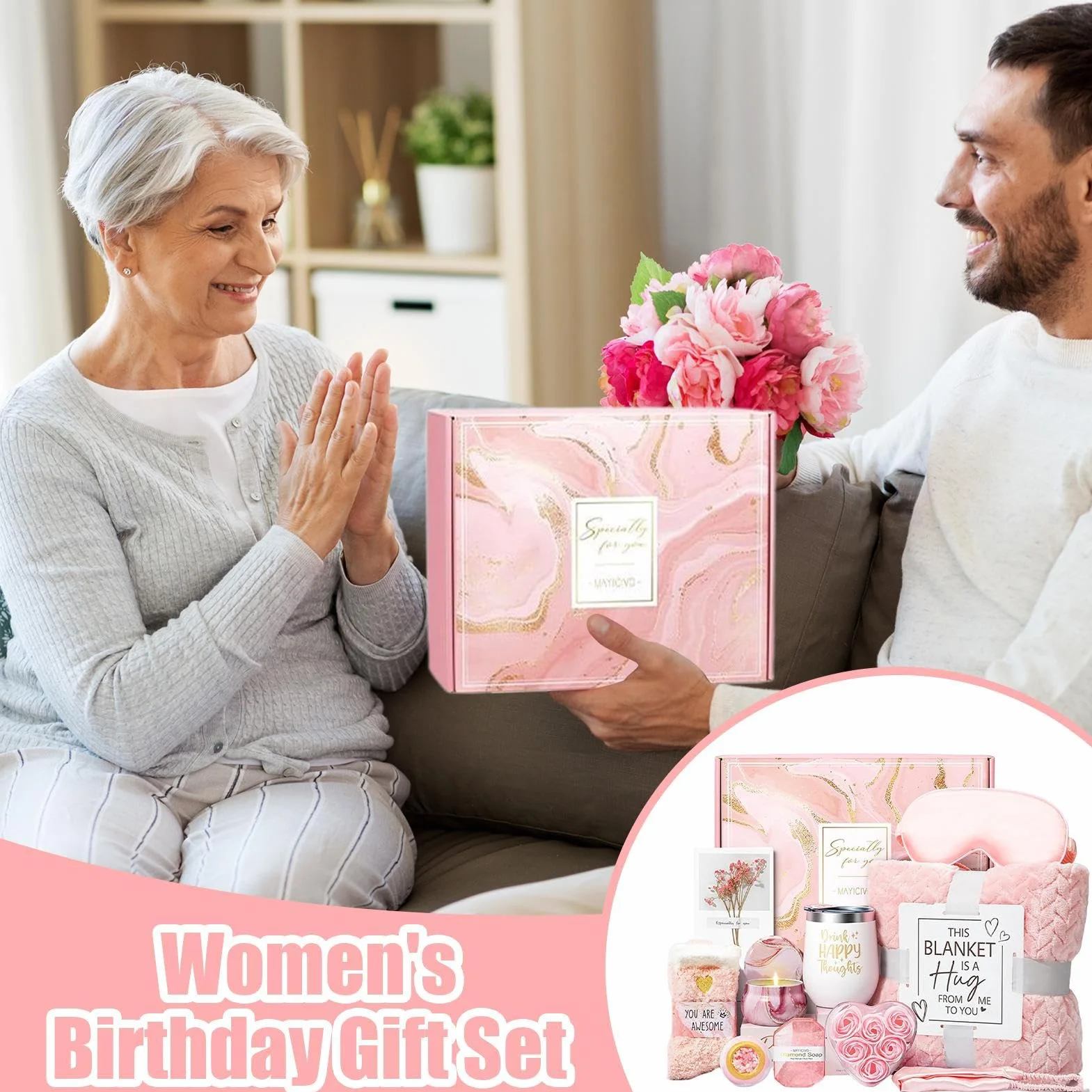 Luxury Relaxation Set Birthday Gift Basket for Women with Cozy Flannel Blanket Spa Tools