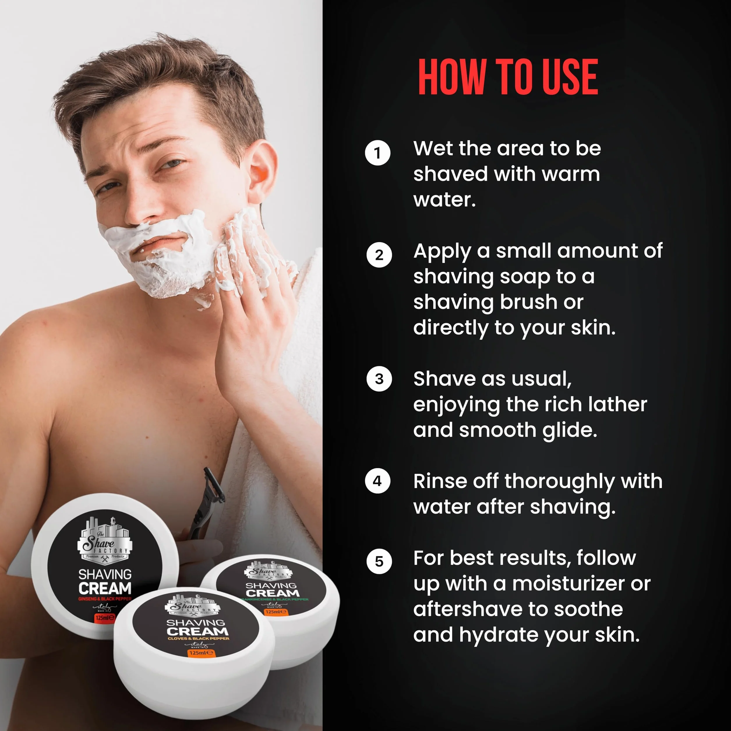 The Shave Factory Krem do golenia - Krem do golenia dla mężczyzn, odpowiedni dla wszystkich typów skóry, wyprodukowany we Włoszech - 125 ml (4,22 uncji płyn.) (Kadźdźanka i czarny pieprz)