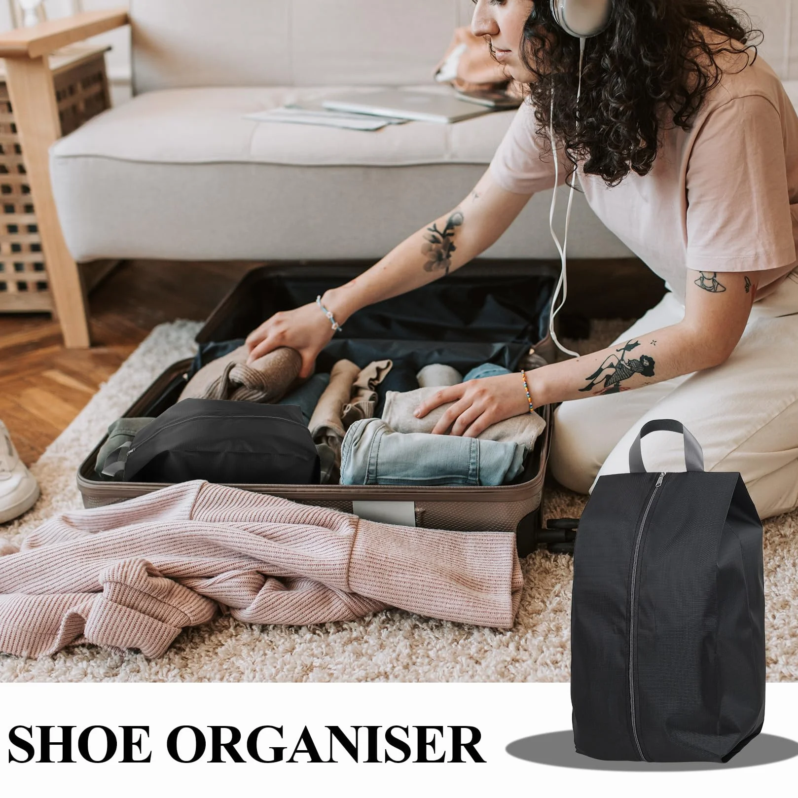 8 sztuk worków na buty, podróżne, wodoszczelne, na walizkę, worek na buty z zamkiem błyskawicznym, organizer do domu, podróży, na urlop, gadżety (kolor czarny, szary)