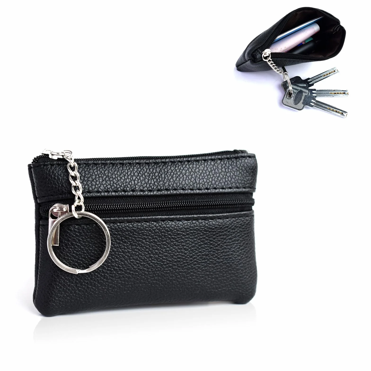 Dreamil Etui na klucze z prawdziwej skóry z 2 oddzielnymi przegrodami Mini-etui na klucze 11,5 x 7,5 x 1 cm Etui na klucze dla kobiet, mężczyzn, unisex, czarne