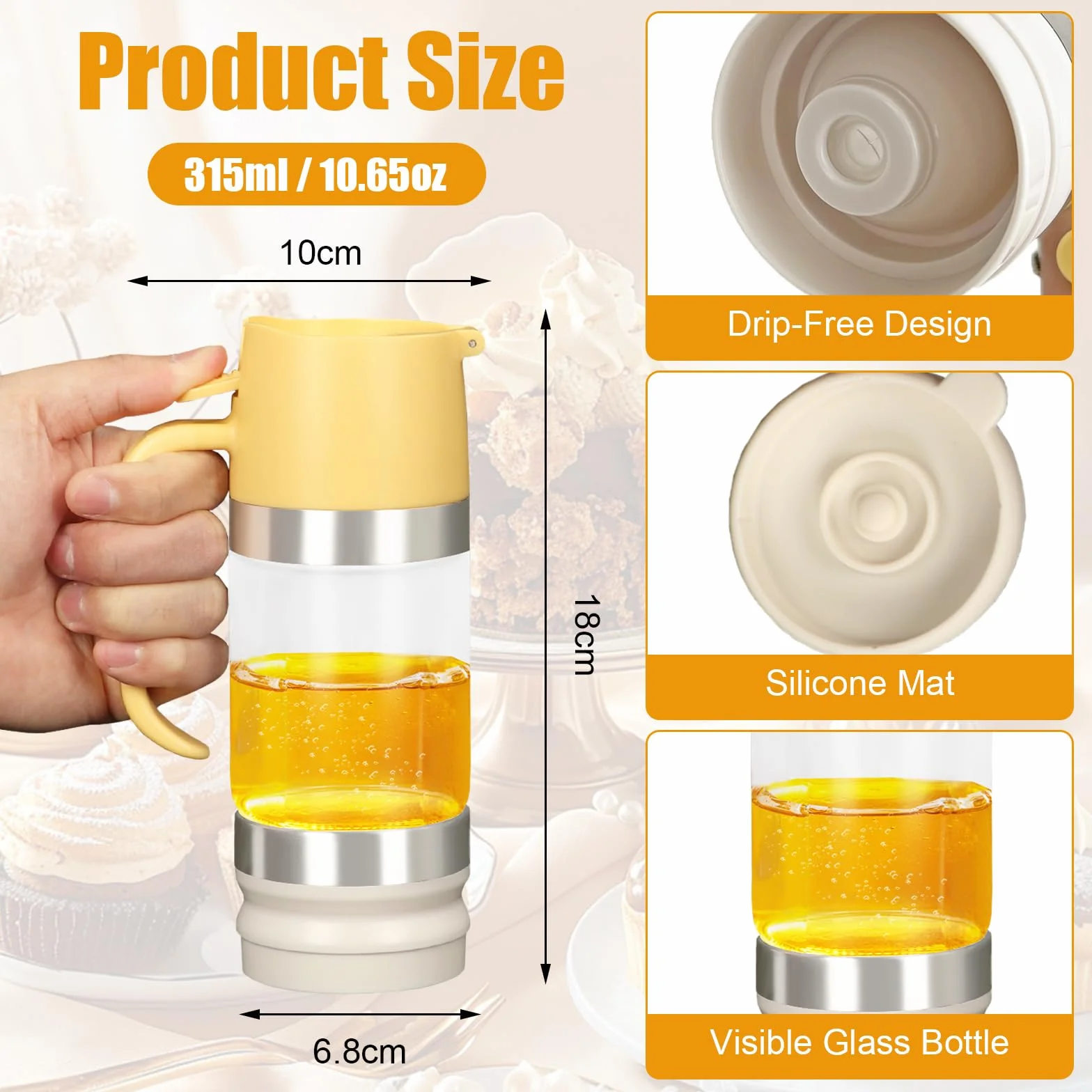 Szklany słoik na miód, 300 ml, dozownik miodu, syrop 9 uncji z zdejmowaną górną i dolną pokrywką, do syropu cukrowego, sosu sojowego, do gotowania wina innych płynów