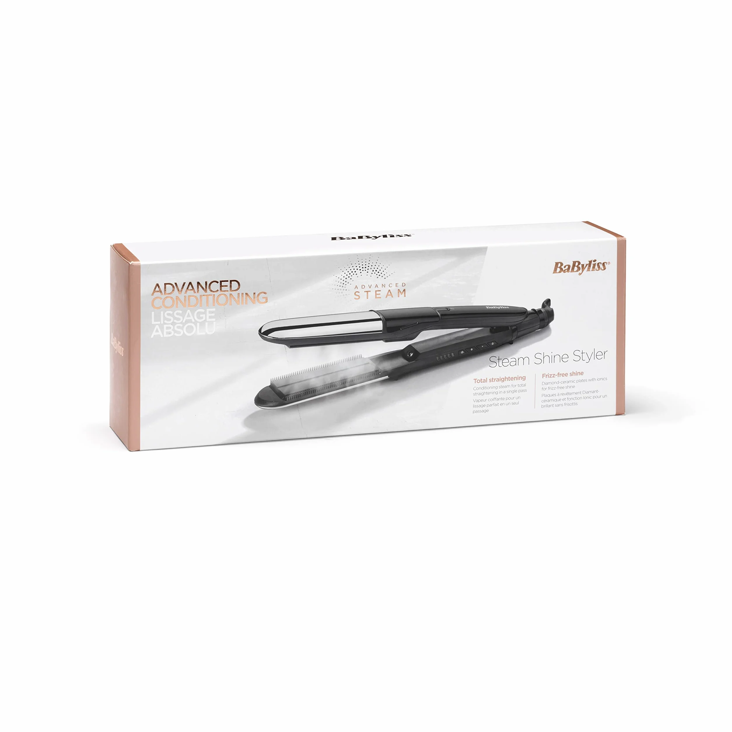 BaByliss Steam Shine – Prostownica Parowa z XL Płytkami Turmalinowo‑Ceramicznymi do Szybkiego i Łatwego Prostowania, Funkcja Jonowa Anti‑Frizz dla Lśniących i Jedwabistych Włosów, ST496E