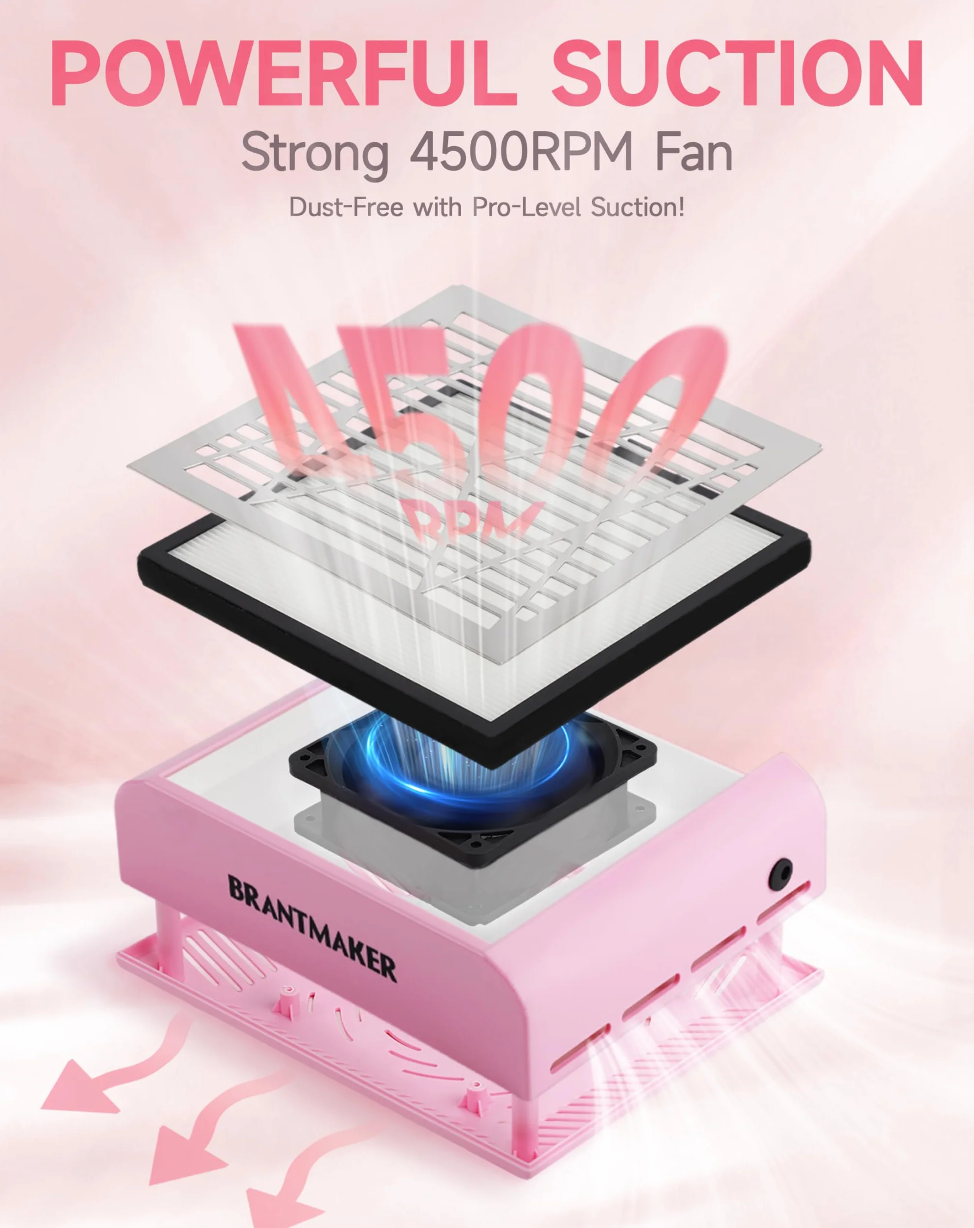 BRANTMAKER Odpylacz do paznokci 60W z szczotką i 2 filtrami, różowy