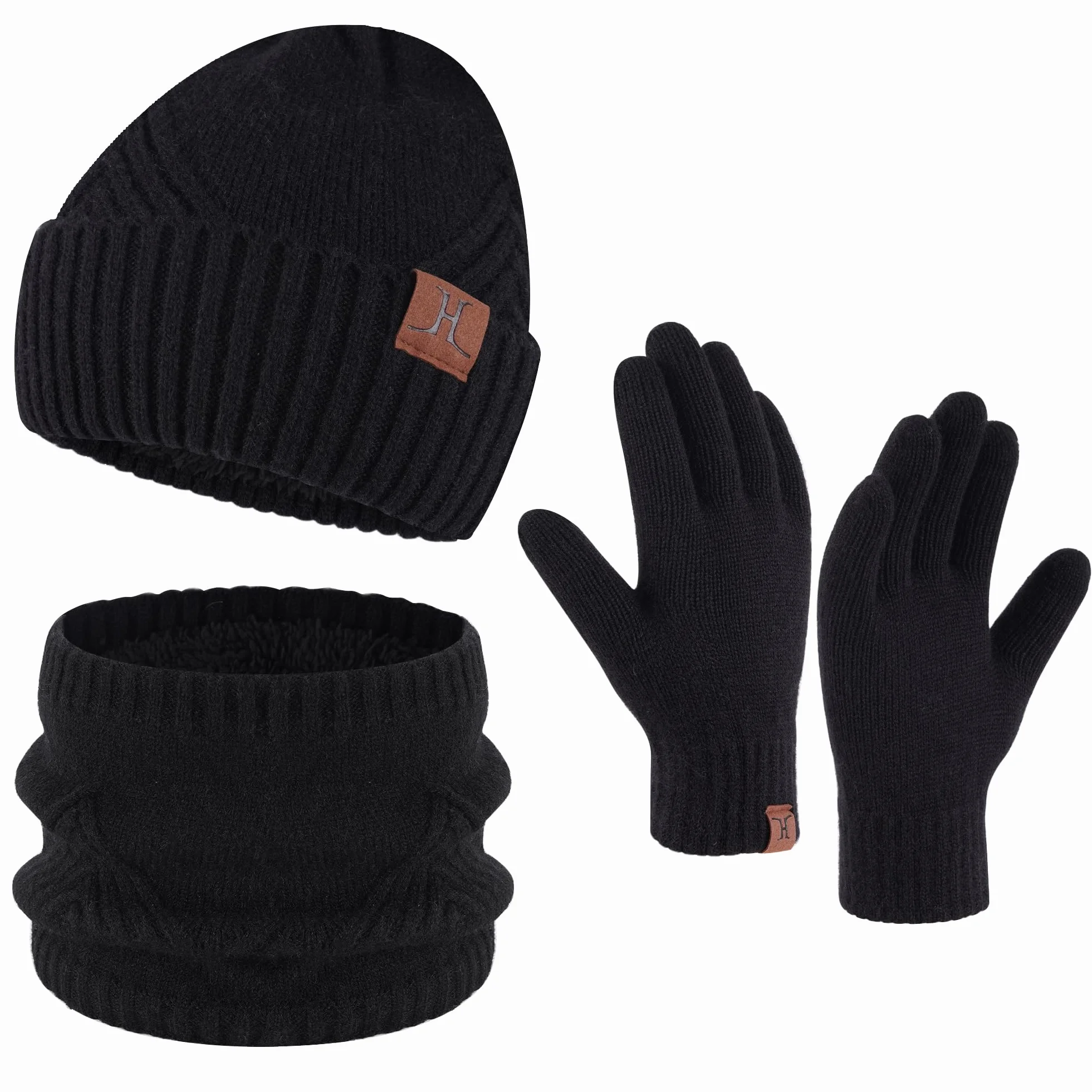 Bequemer Laden Męska zimowa ciepła czapka beanie, szal i ekran dotykowy, zestaw rękawiczek z polarem, czapka zimowa, komin, rękawiczki zimowe, Z czarny., jeden rozmiar