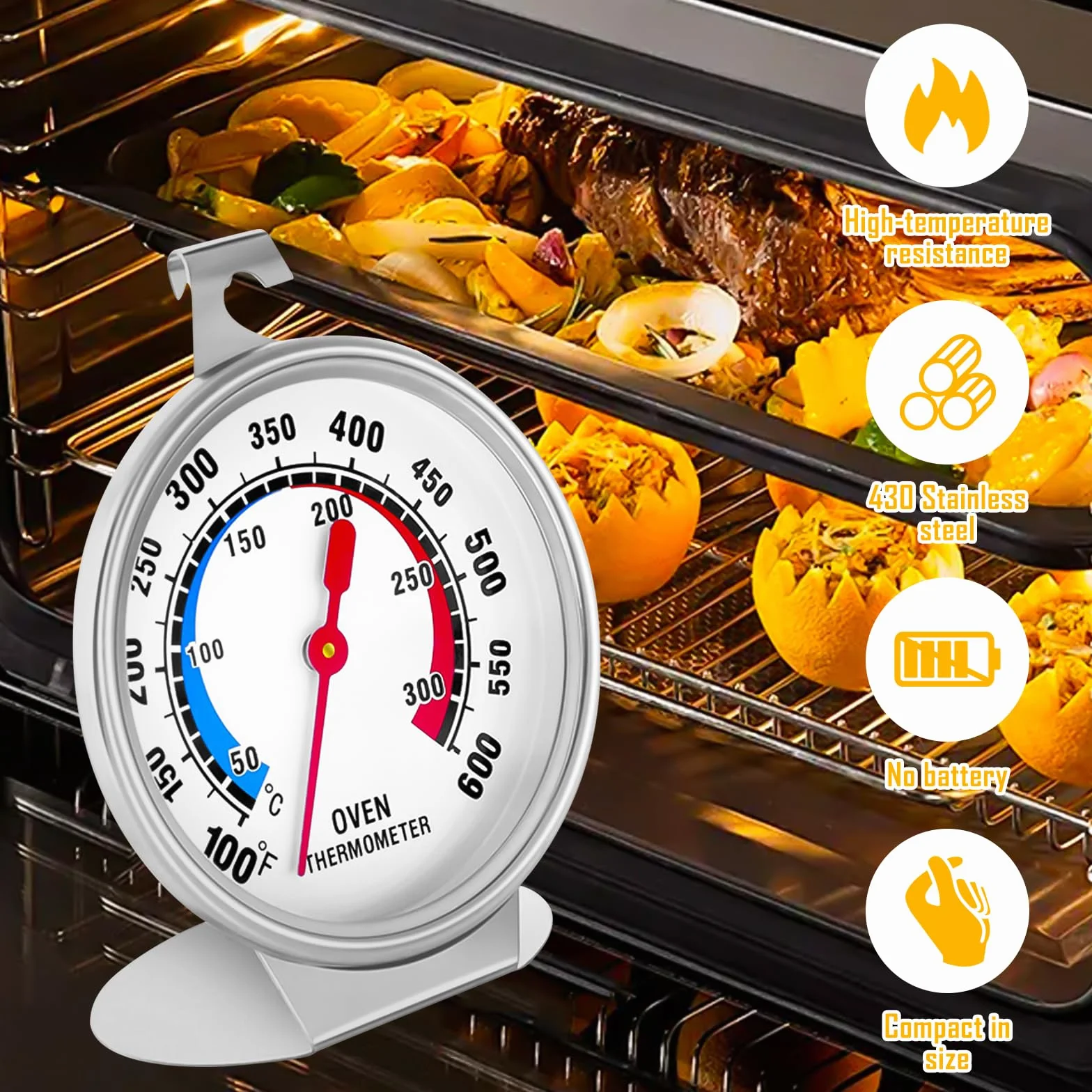Termometr do piekarnika, termometr do kuchenki elektrycznej, termometr do piekarnika do kuchenek gazowych, 50-300°C/100-600°F do wypieków kuchennych, analogowy termometr do piekarnika, natychmiastowy
