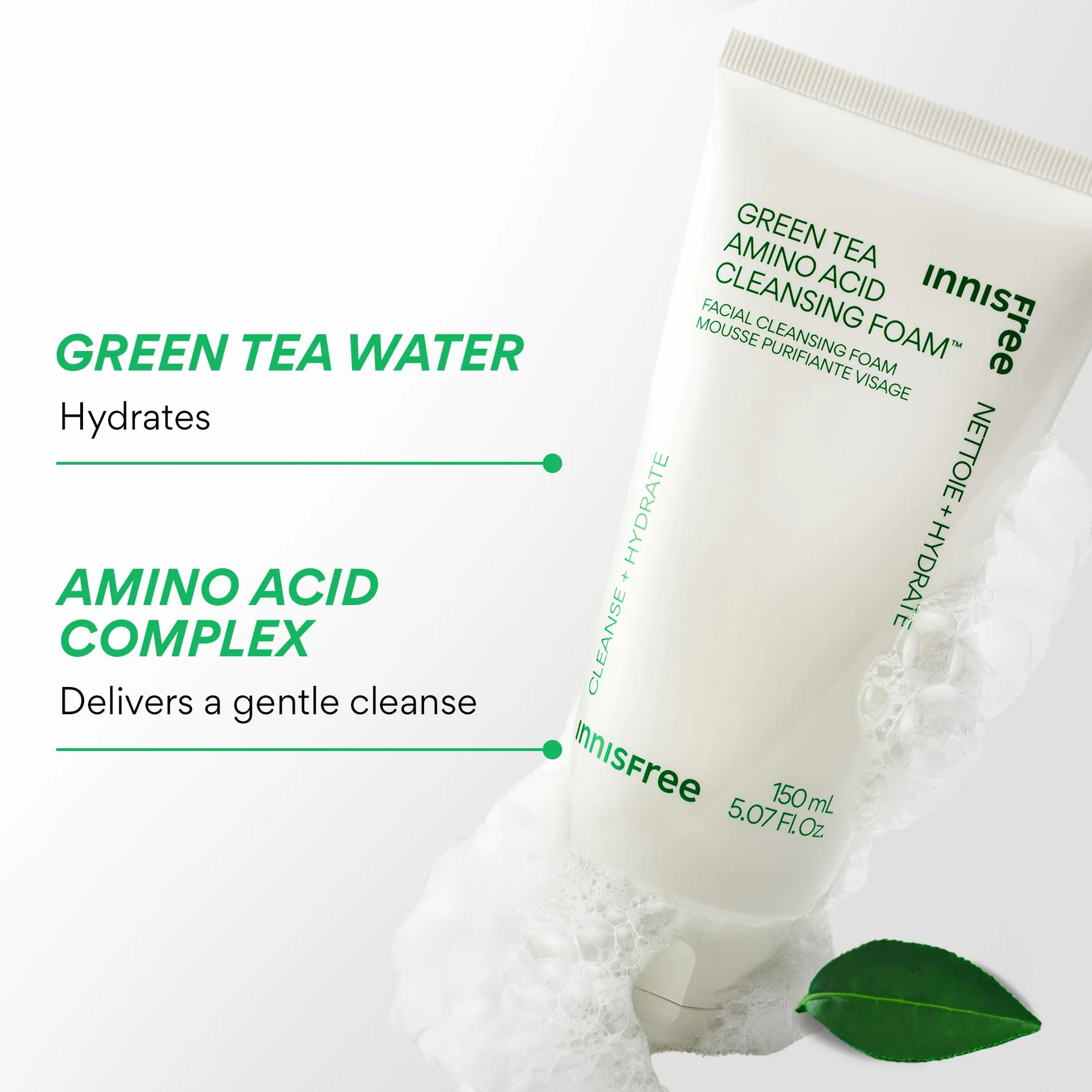 innisfree Zielona amino Amino Pianka oczyszczająca z kwasem siarczanowym, nawilżająca koreańska mycie twarzy z miękką pianką 150 g