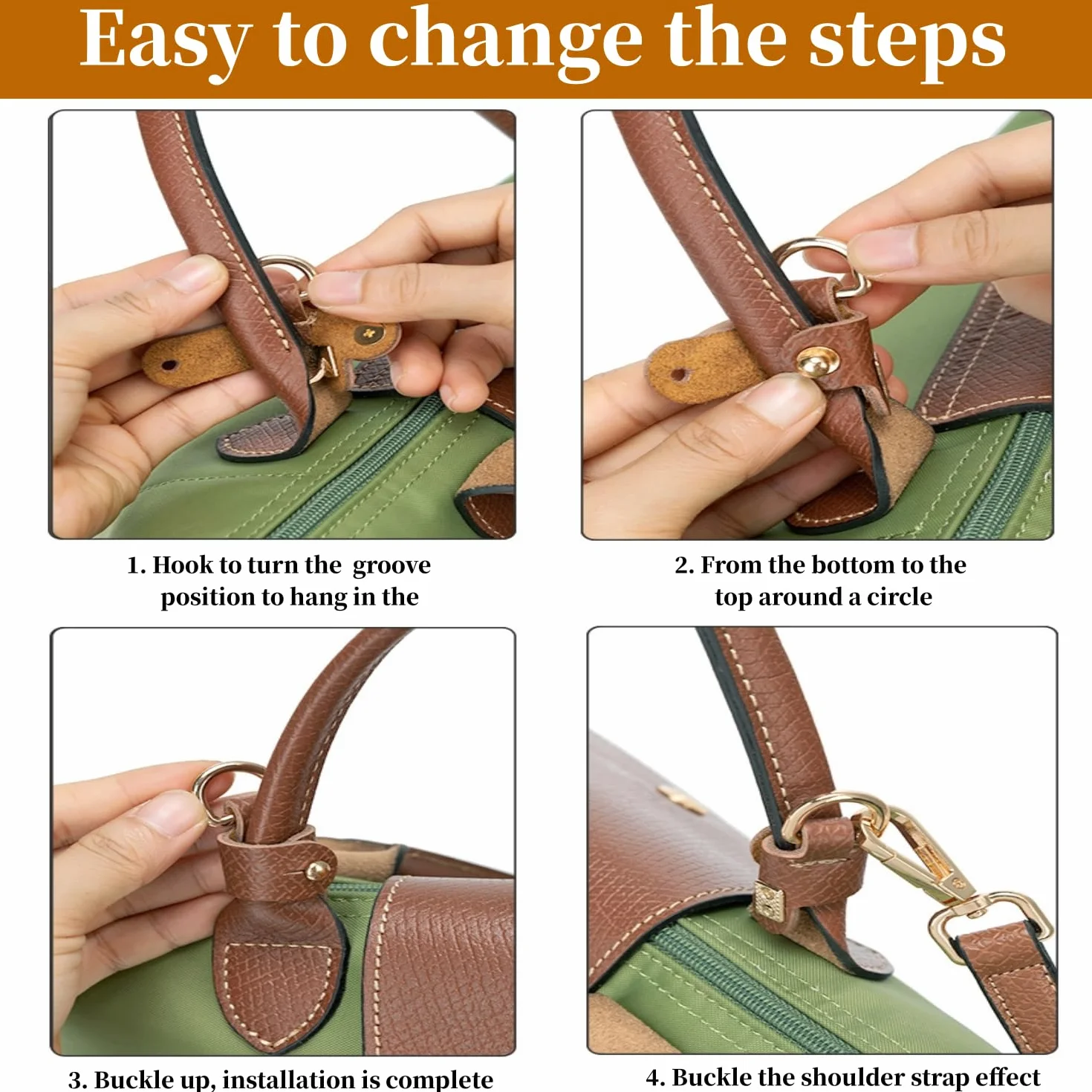 Skórzany pasek na ramię do torebki Longchamp, pasek na ramię do Longchamp, brązowy, mini Bag Straps z 2 adapterami na ramię, zapasowy pasek ze skóry (1,2 cm), żółto-brązowy