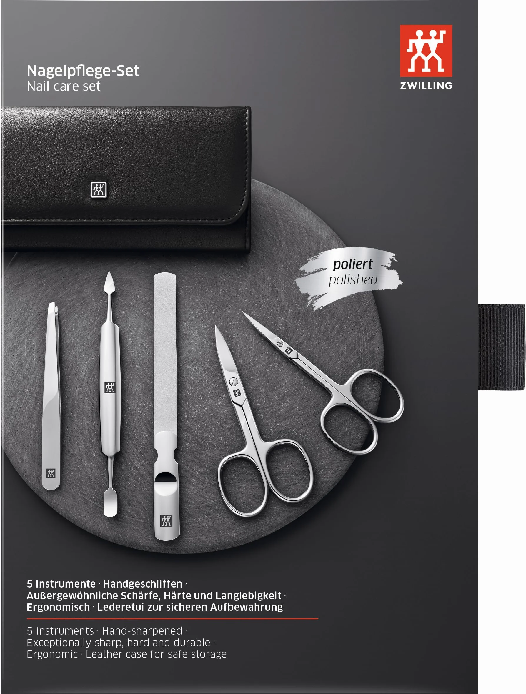 ZWILLING Zestaw do manicure (5 części, do pielęgnacji paznokci i pedicure, etui z prawdziwej skóry z nożyczkami do paznokci i skórek), polerowana stal nierdzewna, czarny