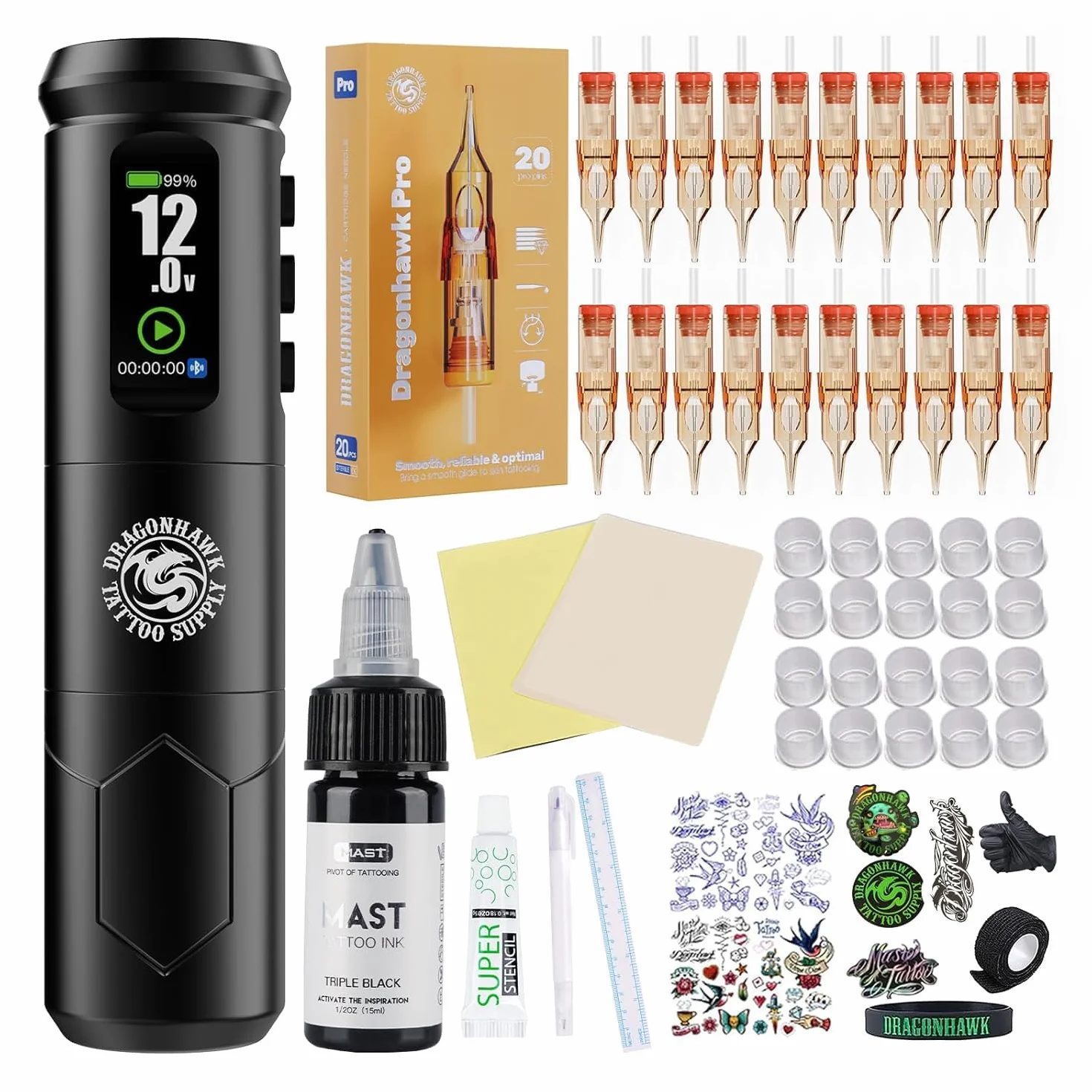 Dragonhawk A1 Pro Tattoo Kit Coreless Gun Pen Machine 4.0mm Stroke 2000mAh Battery 20 Cartridges Needles